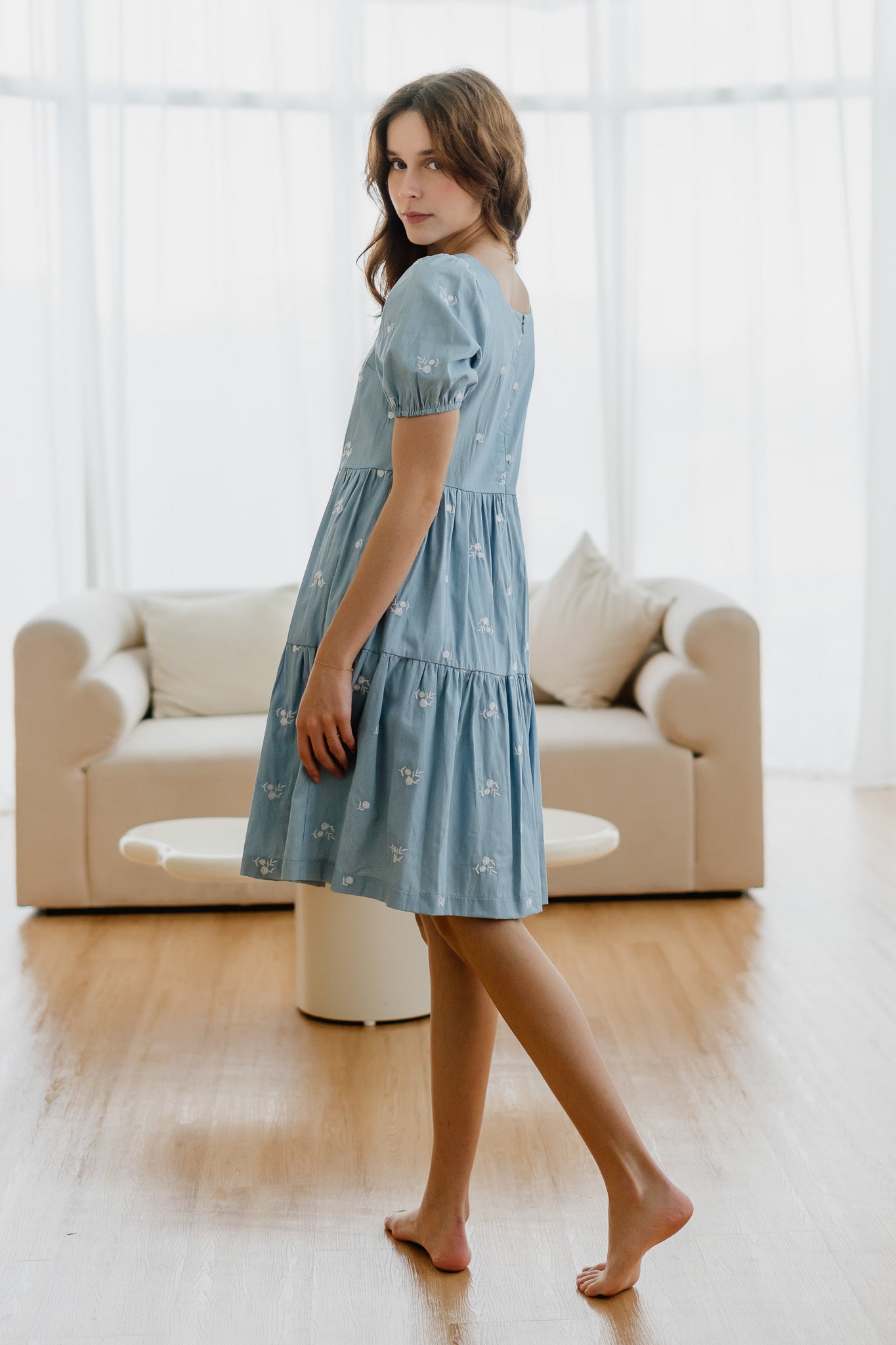 Kiara Embroidery Tiered Denim Dress in Light Blue