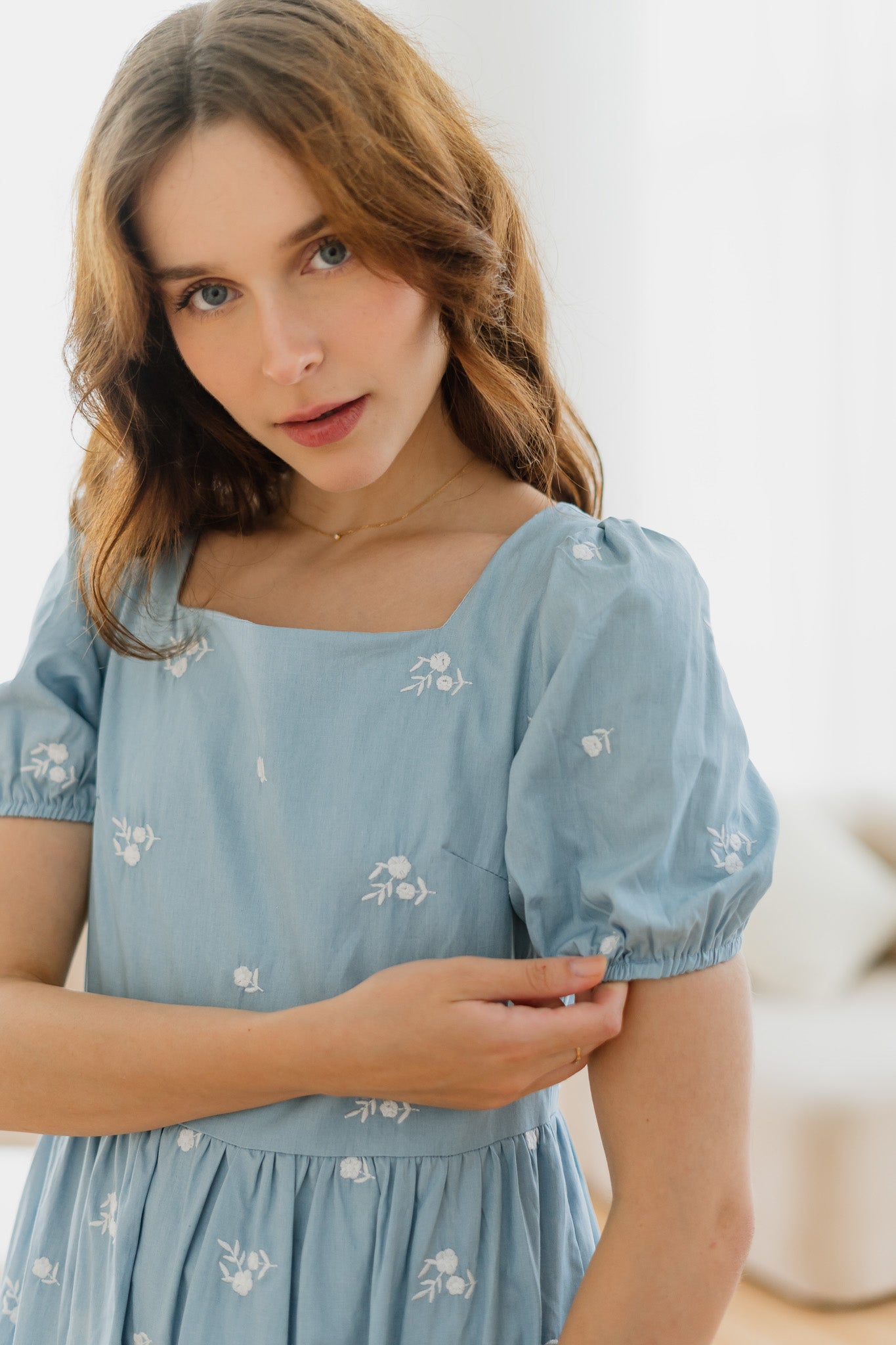 Kiara Embroidery Tiered Denim Dress in Light Blue