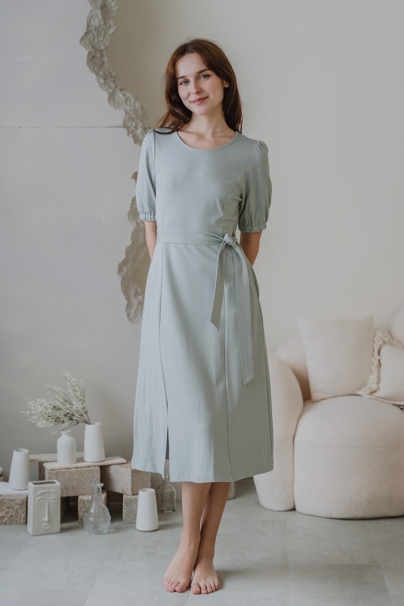 Claire Panelled Jersey Sleeved Dress in Light Green [ONLINE ONLY]