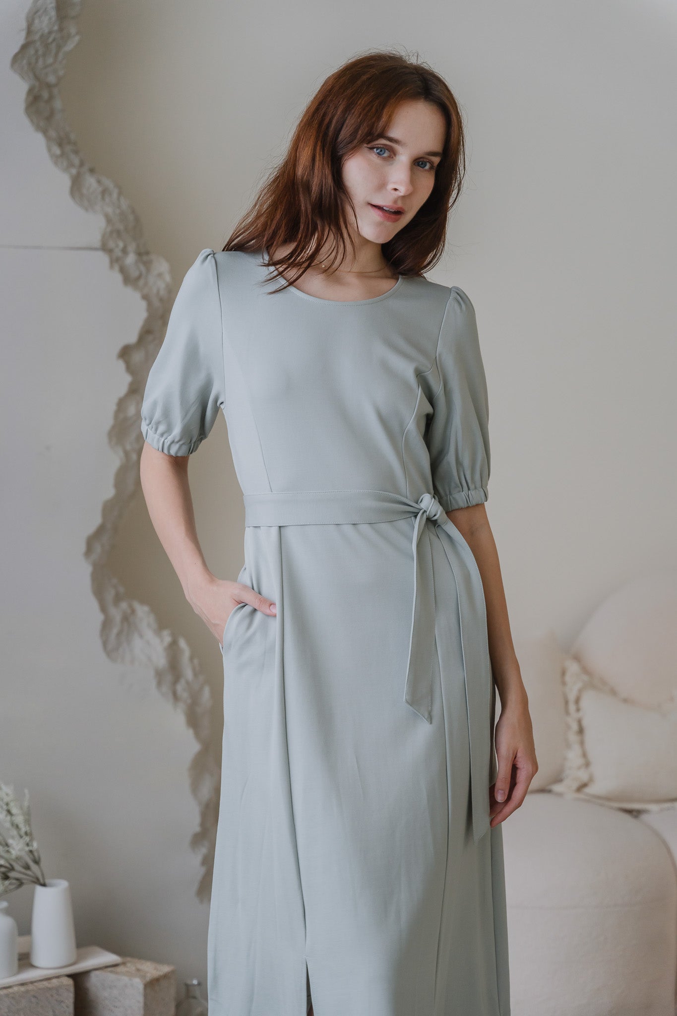 Claire Panelled Jersey Sleeved Dress in Light Green [ONLINE ONLY]