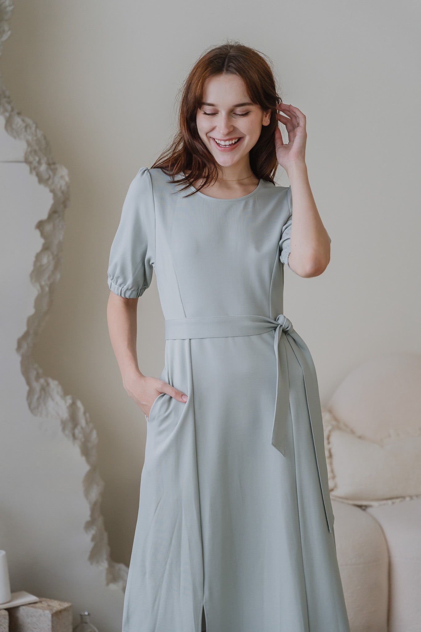 Claire Panelled Jersey Sleeved Dress in Light Green [ONLINE ONLY]