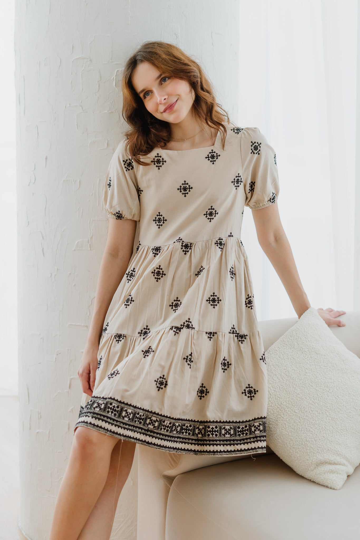 Mirador Aztec Embroidery Tiered Dress in Beige