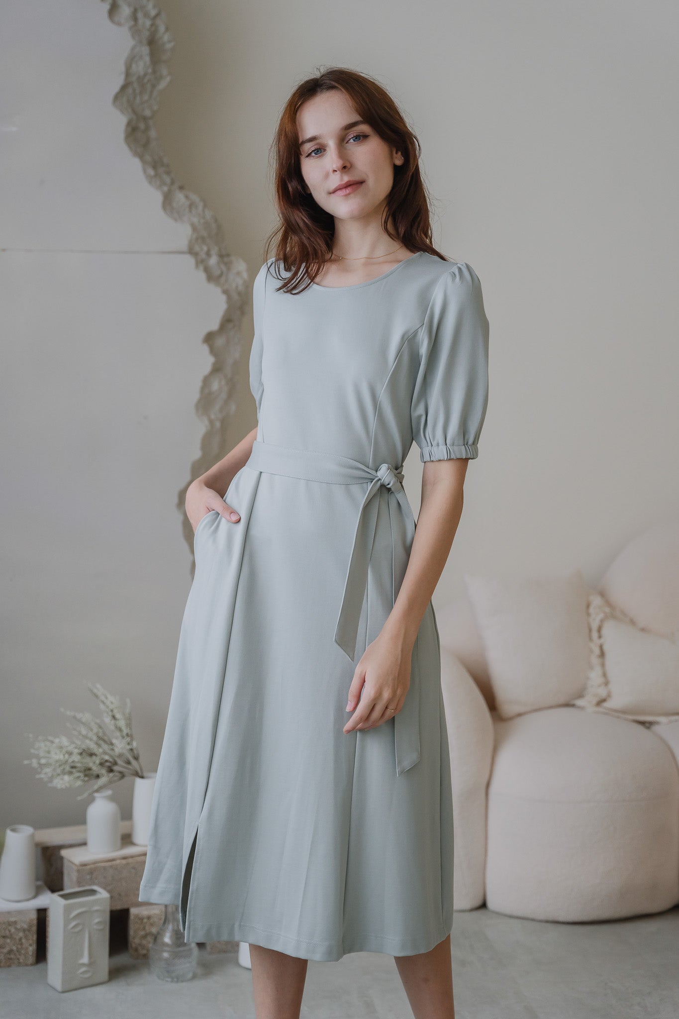 Claire Panelled Jersey Sleeved Dress in Light Green [ONLINE ONLY]