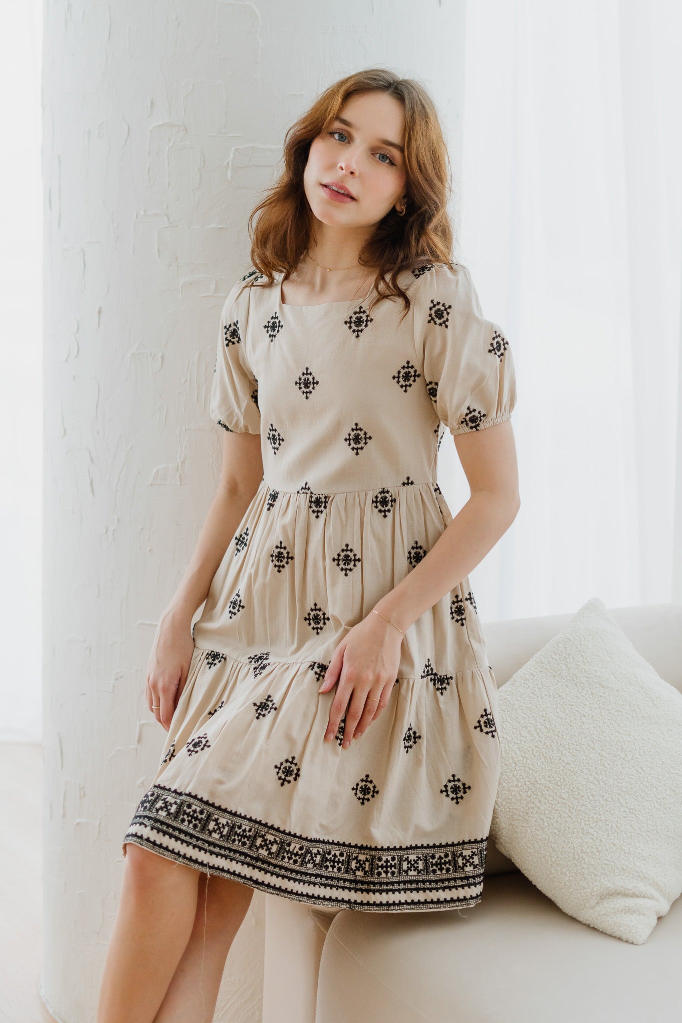 Mirador Aztec Embroidery Tiered Dress in Beige