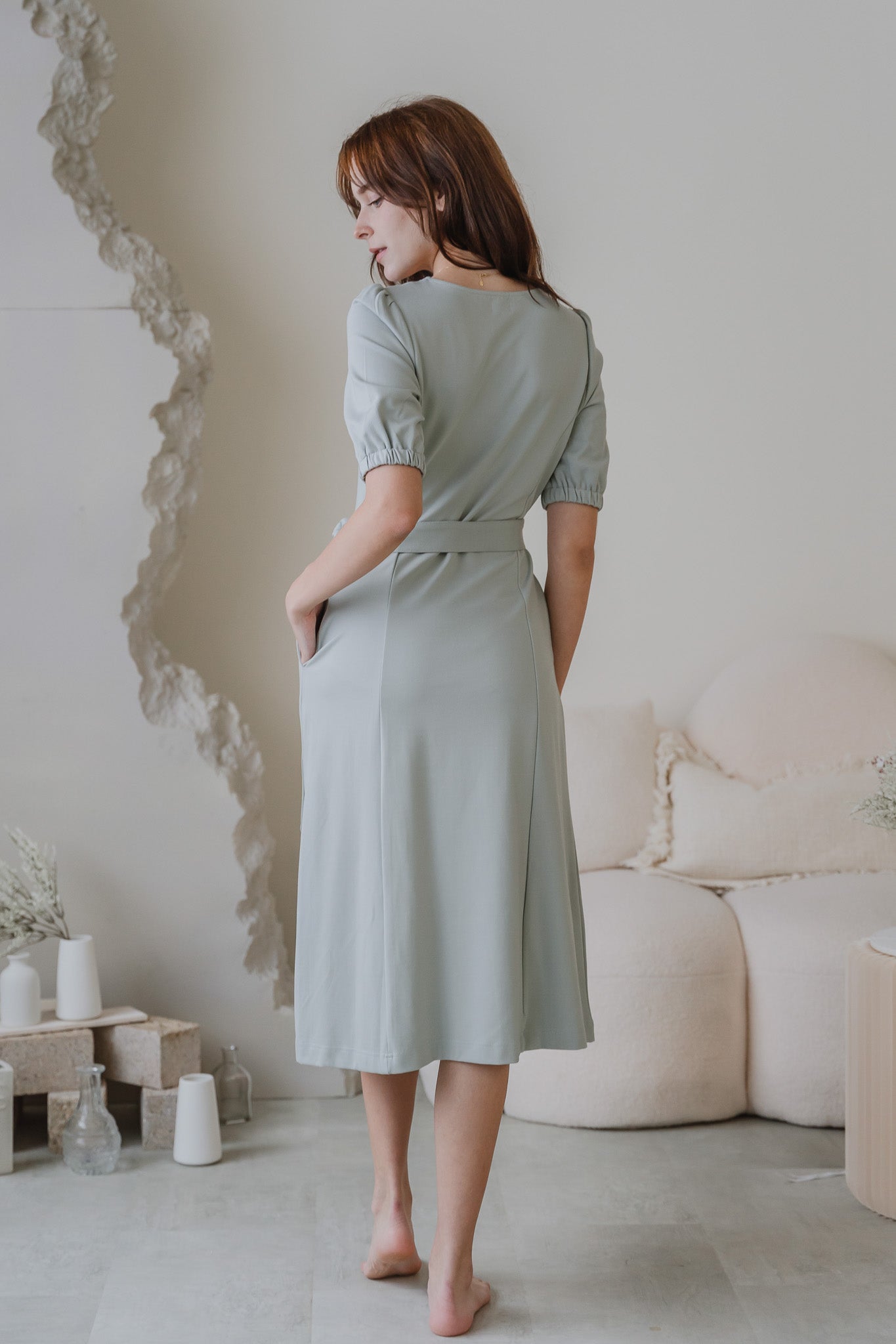 Claire Panelled Jersey Sleeved Dress in Light Green [ONLINE ONLY]