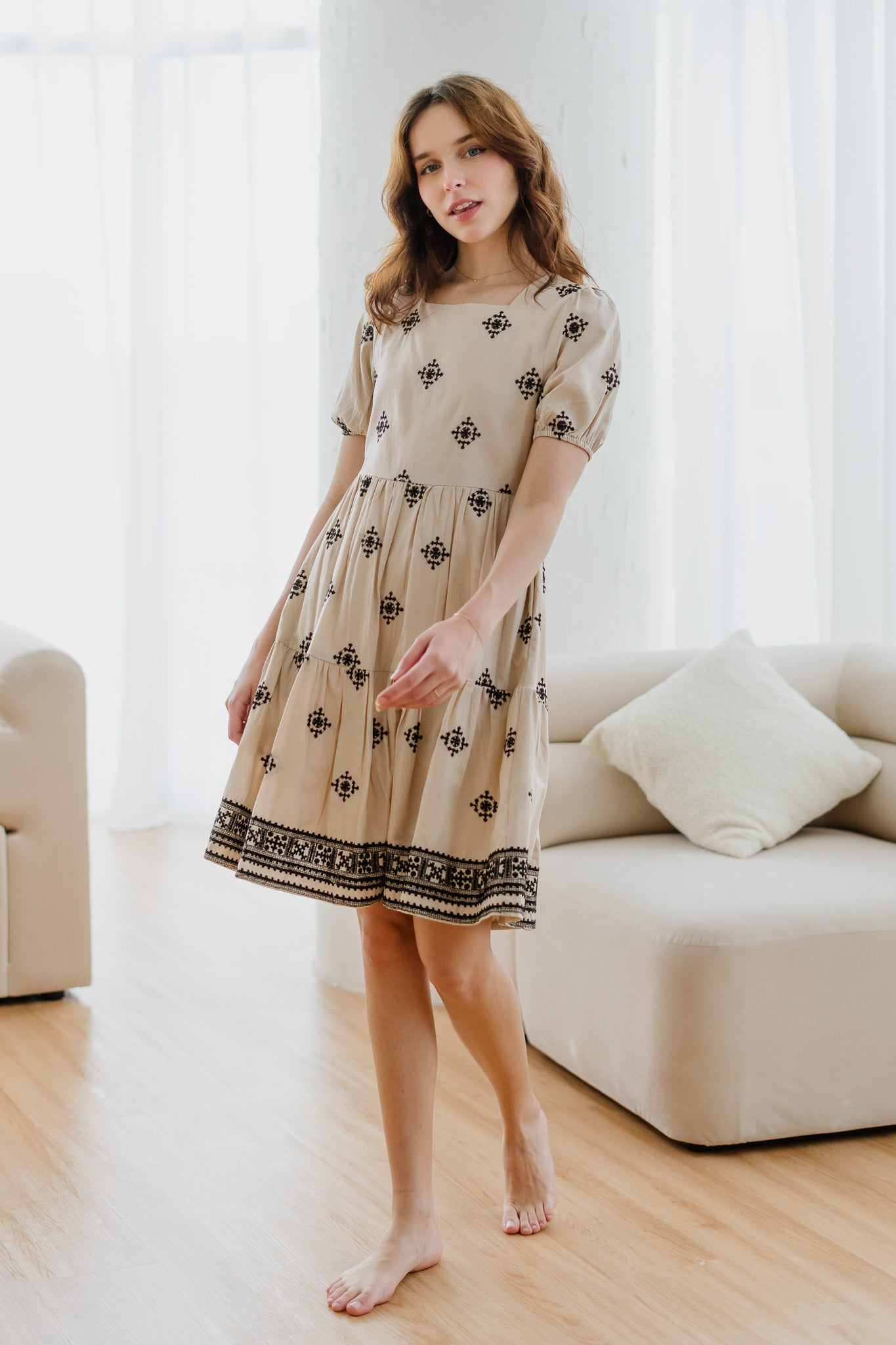 Mirador Aztec Embroidery Tiered Dress in Beige