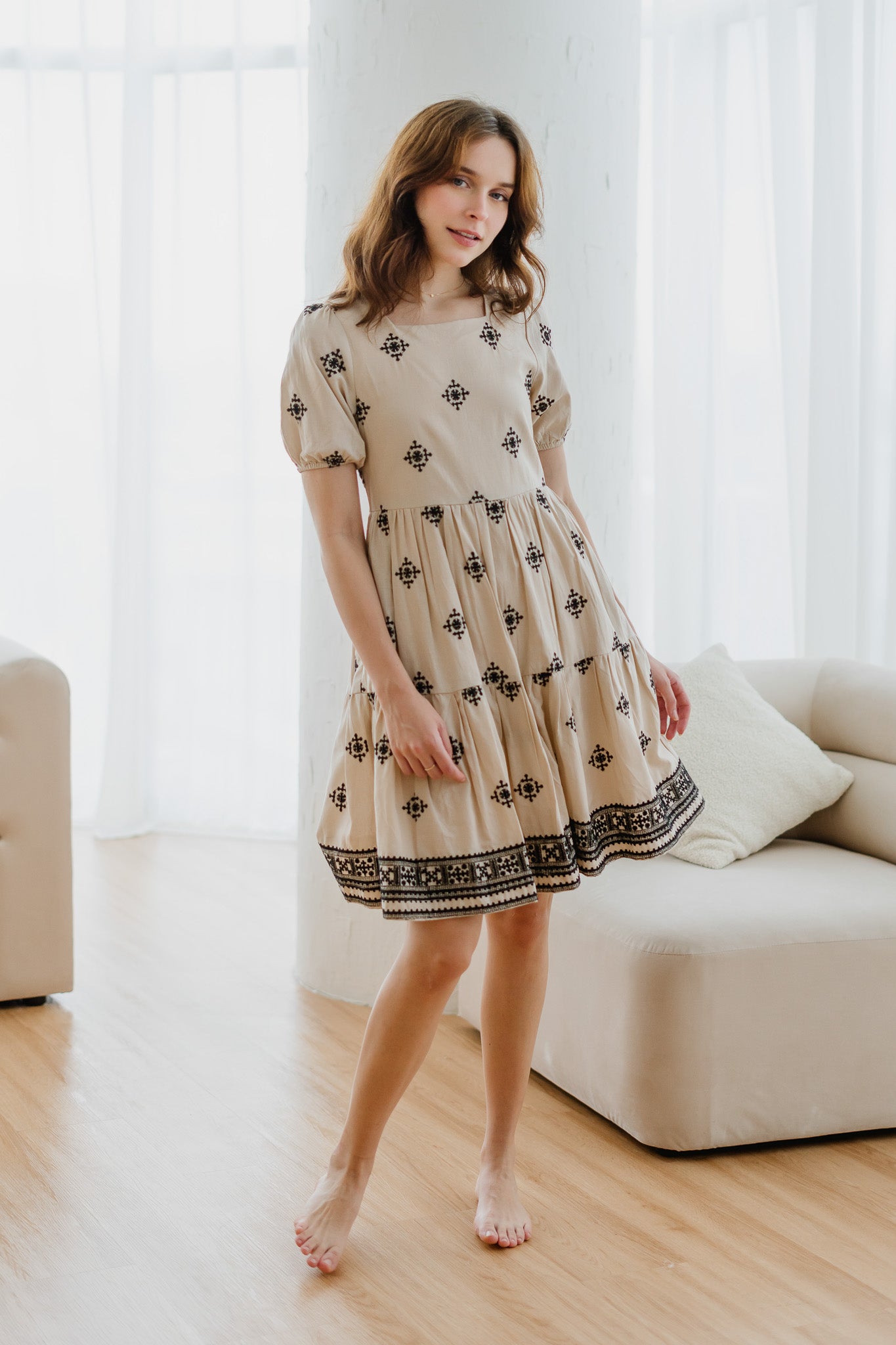 Mirador Aztec Embroidery Tiered Dress in Beige