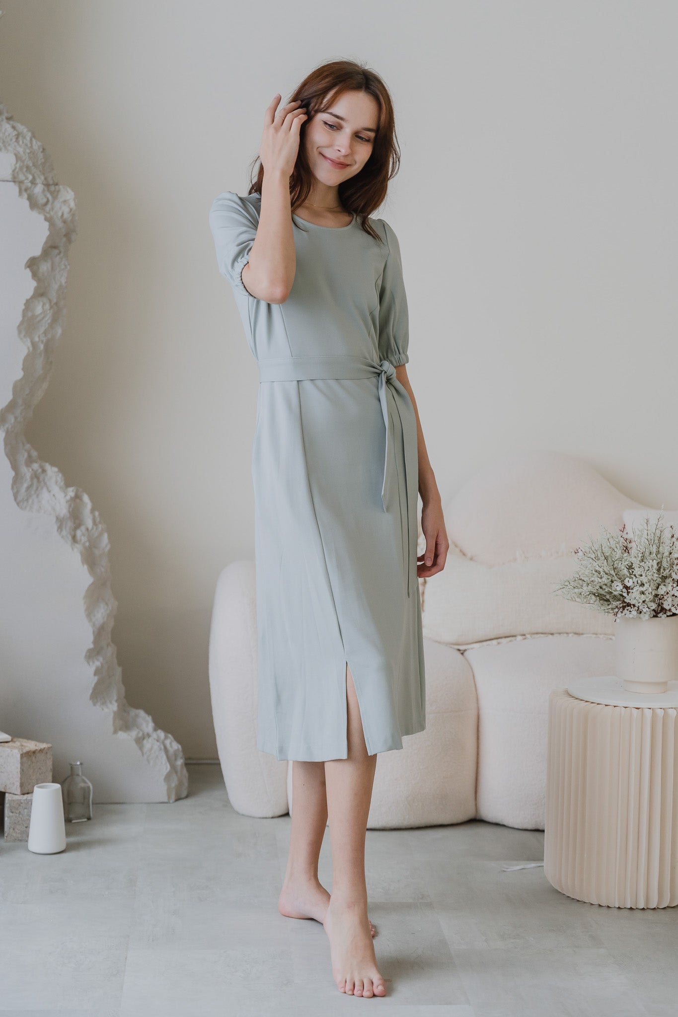Claire Panelled Jersey Sleeved Dress in Light Green [ONLINE ONLY]