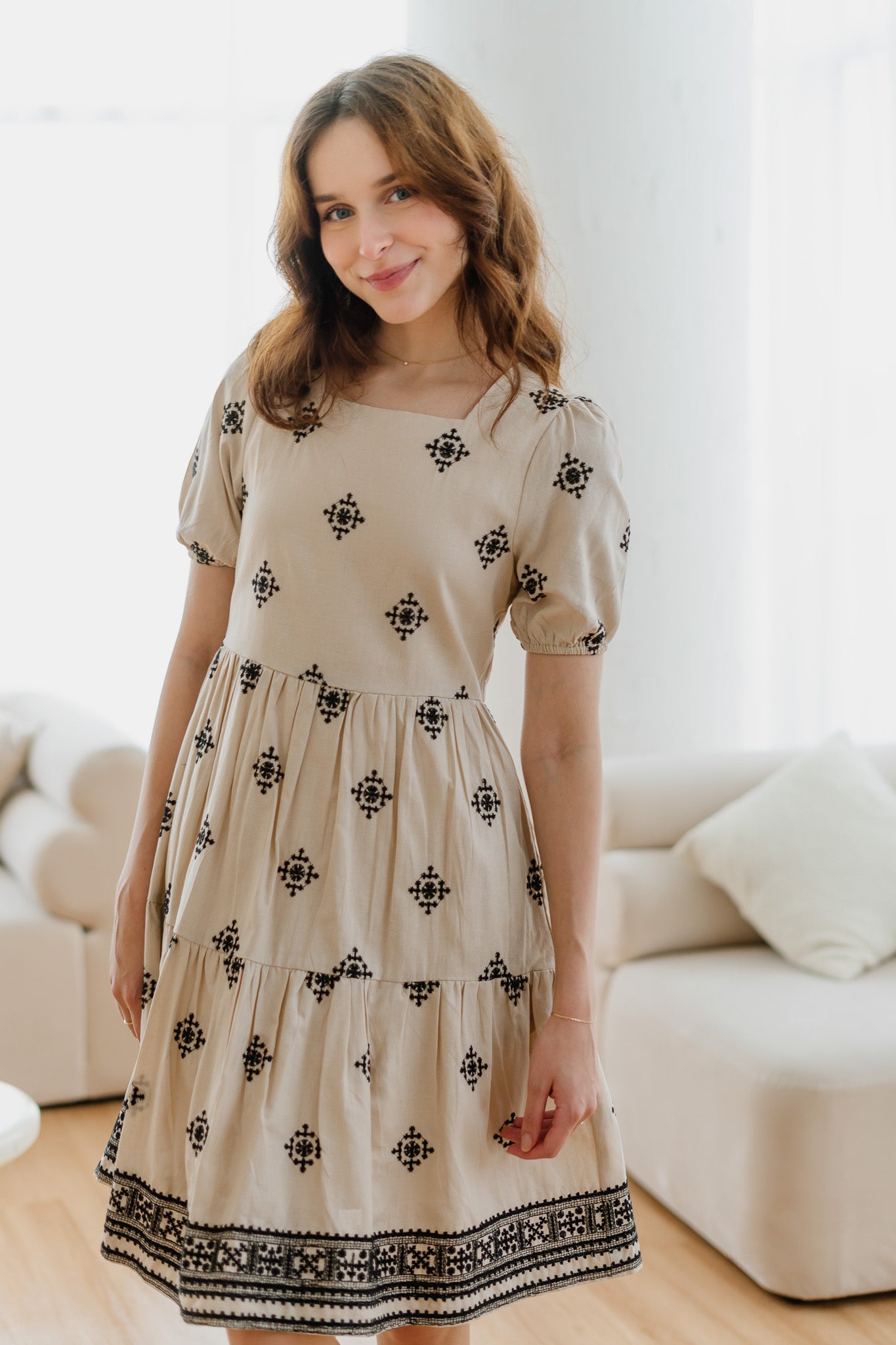 Mirador Aztec Embroidery Tiered Dress in Beige