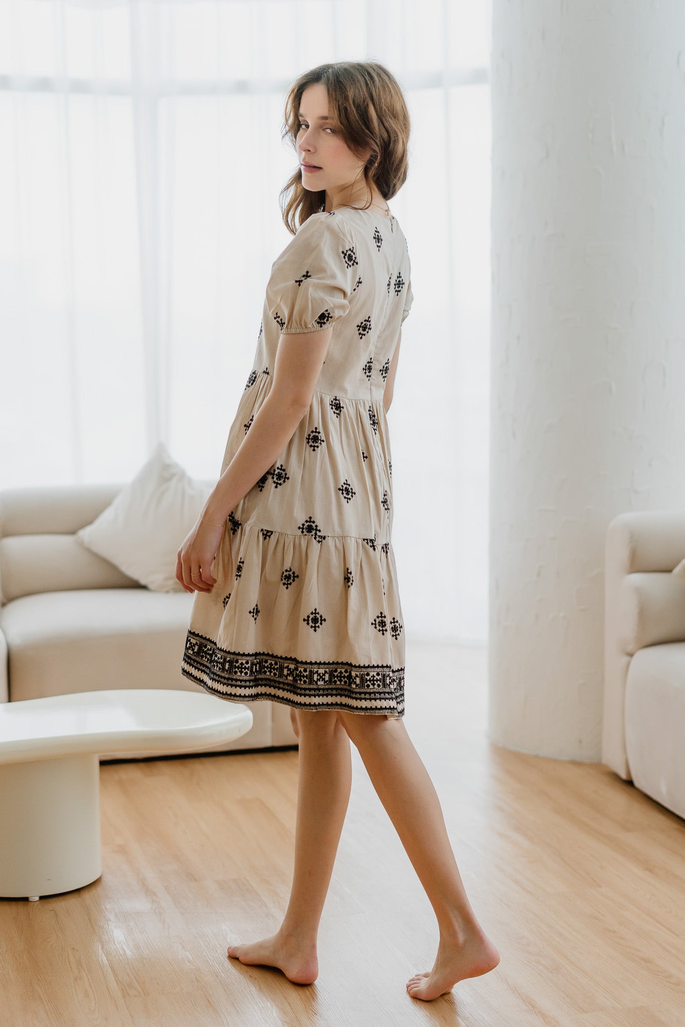 Mirador Aztec Embroidery Tiered Dress in Beige