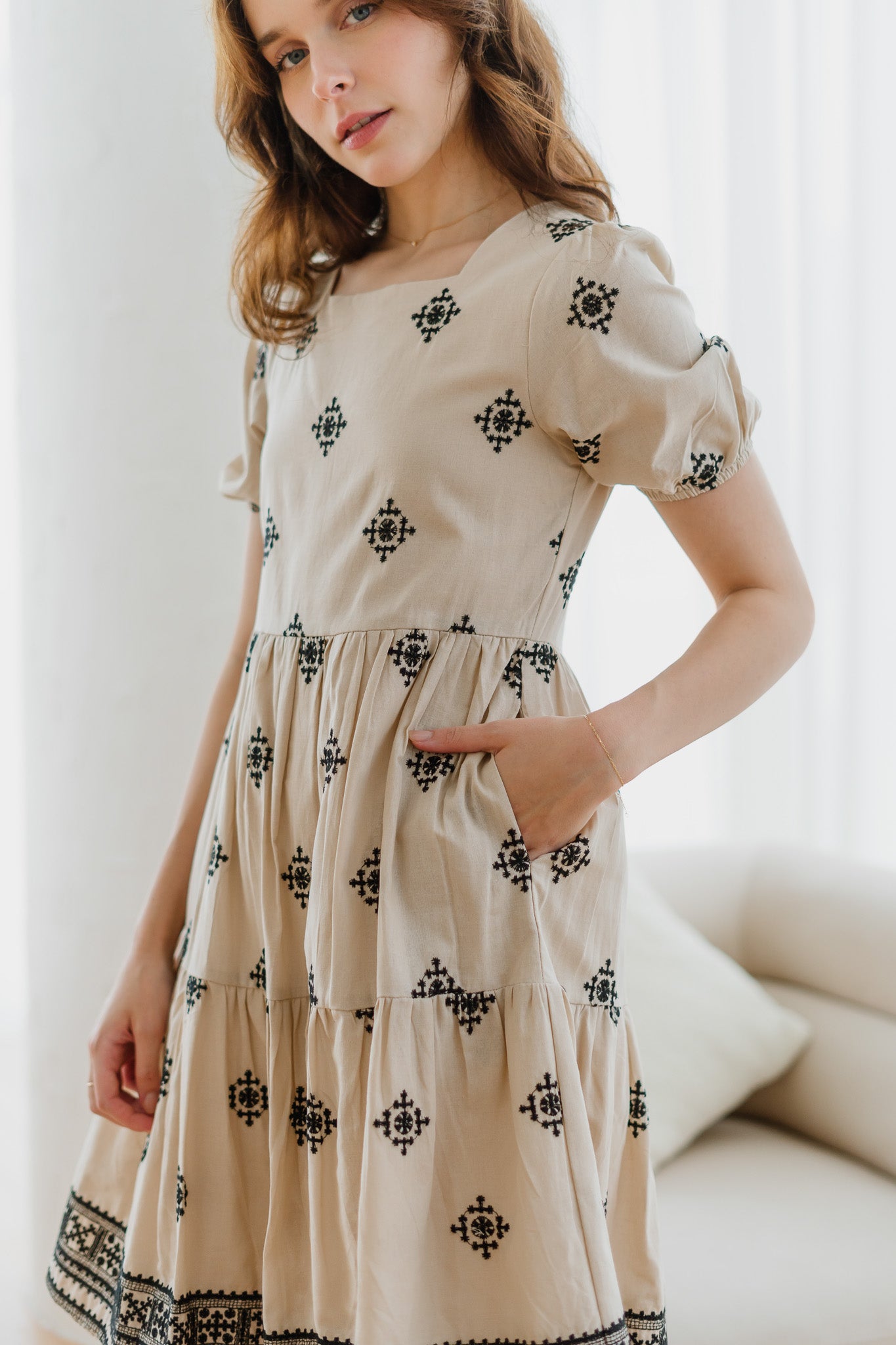 Mirador Aztec Embroidery Tiered Dress in Beige