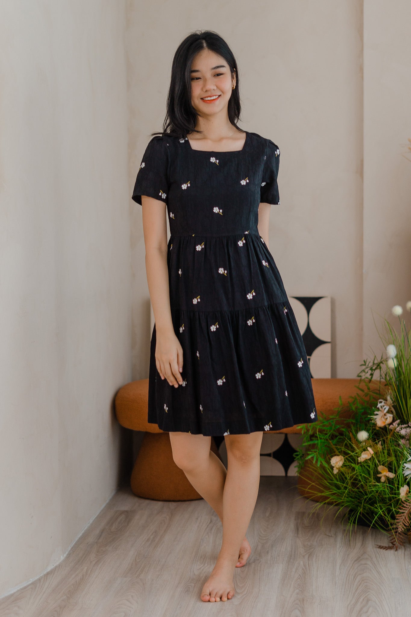 Ariana Embroidery Tiered Dress in Black