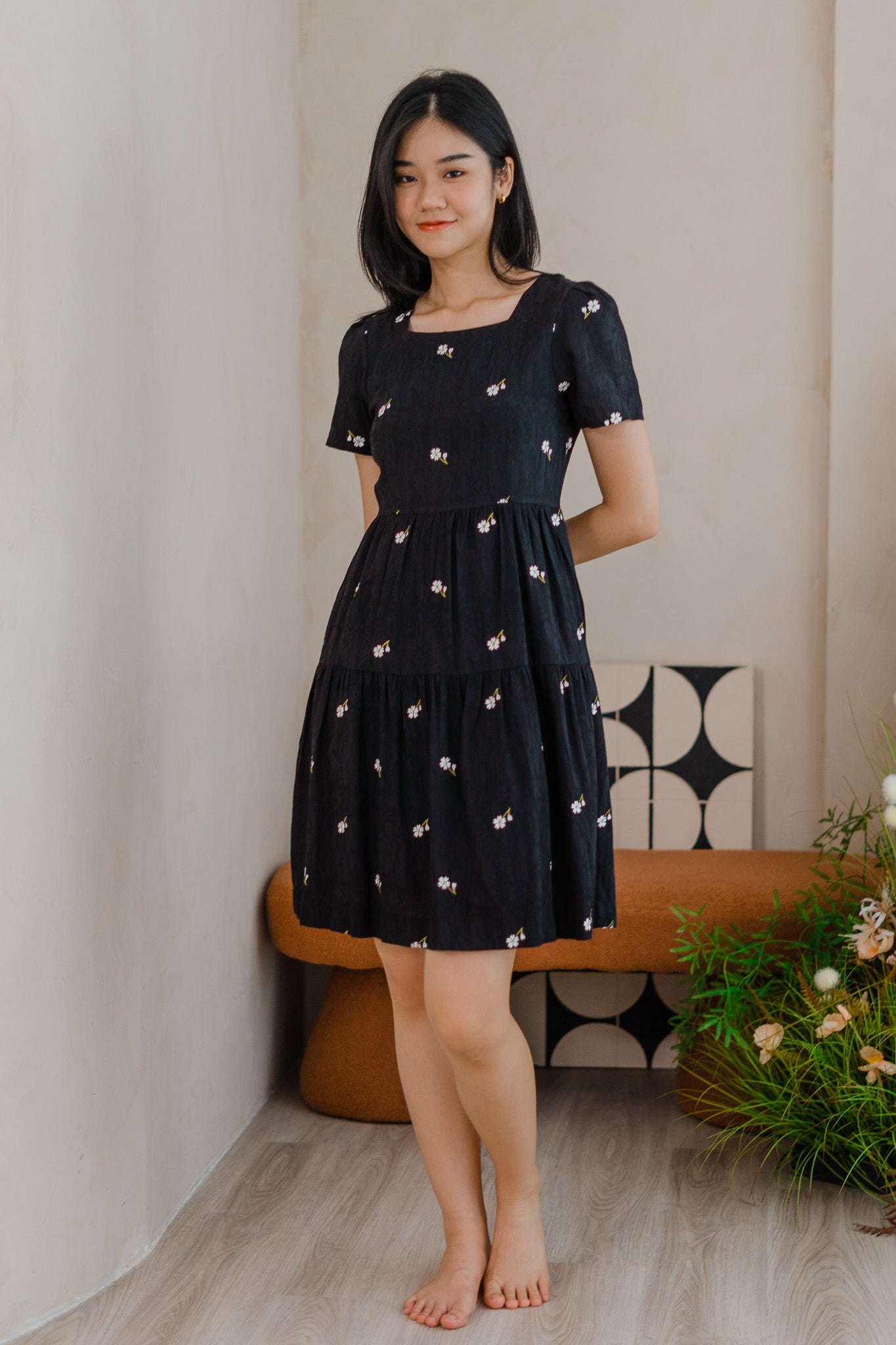 Ariana Embroidery Tiered Dress in Black
