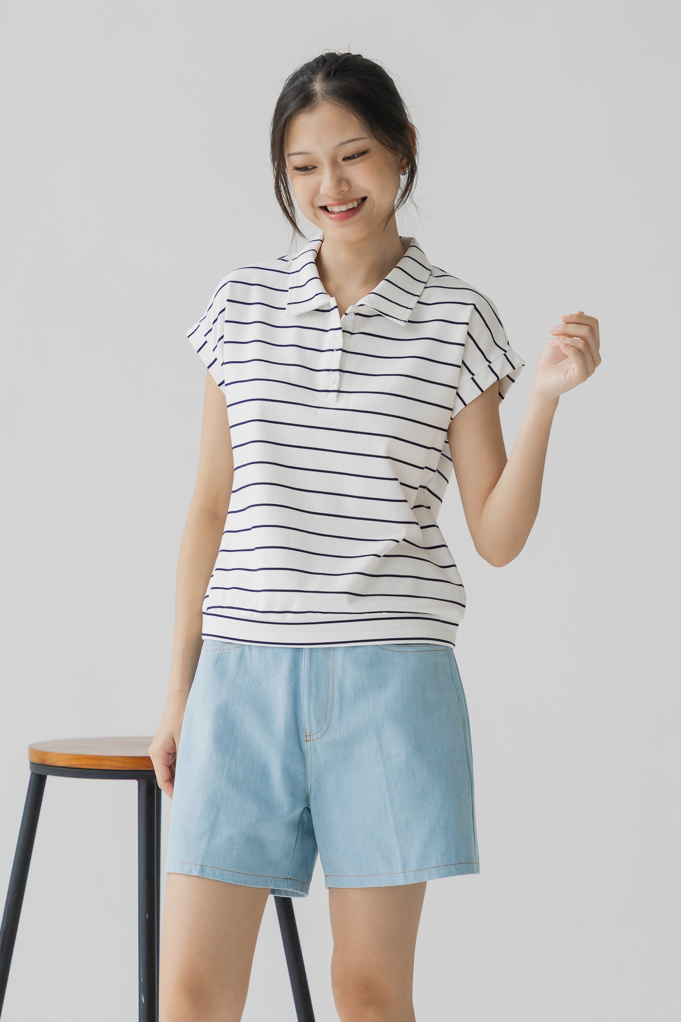 Harin Striped Polo Blouse in White