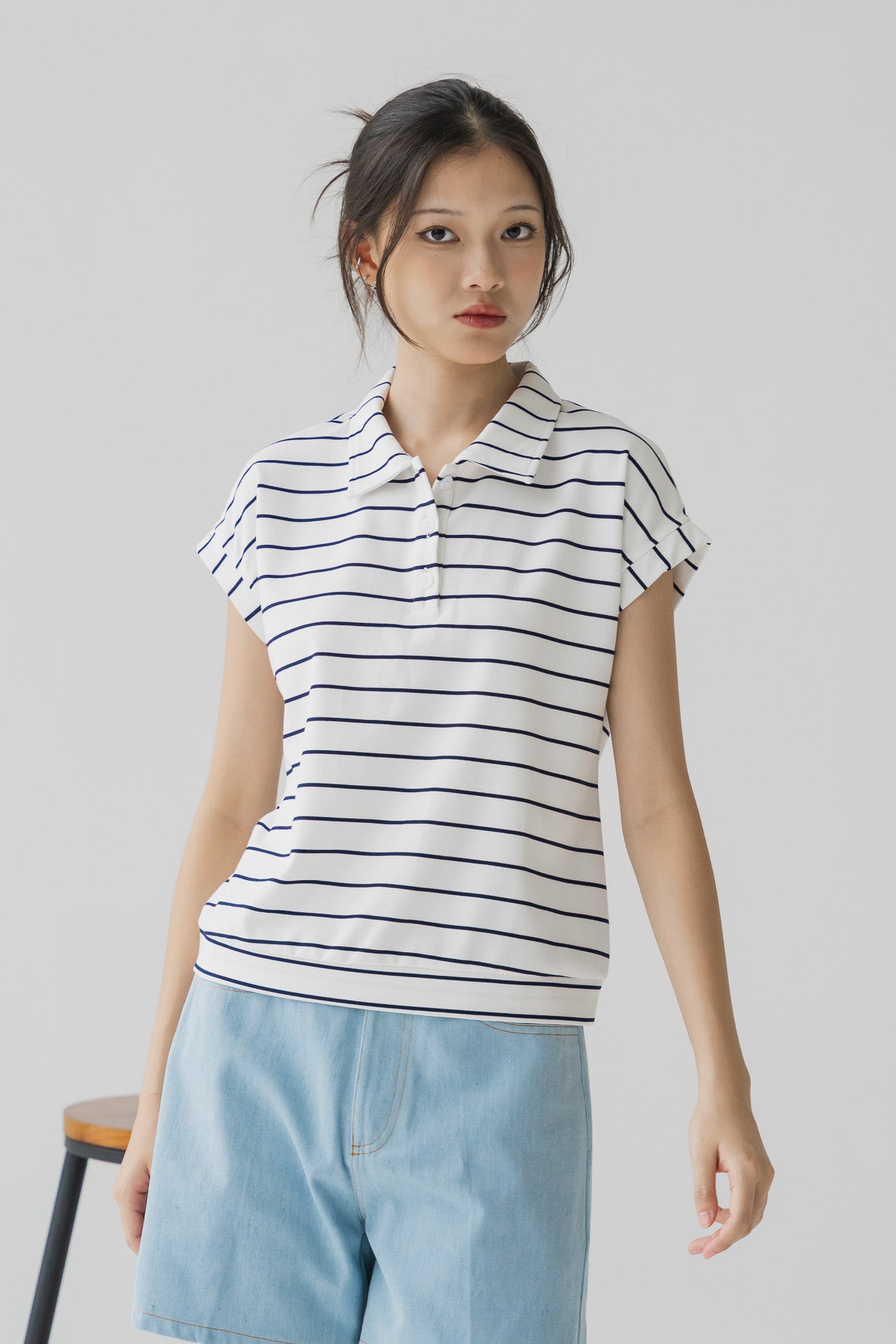 Harin Striped Polo Blouse in White