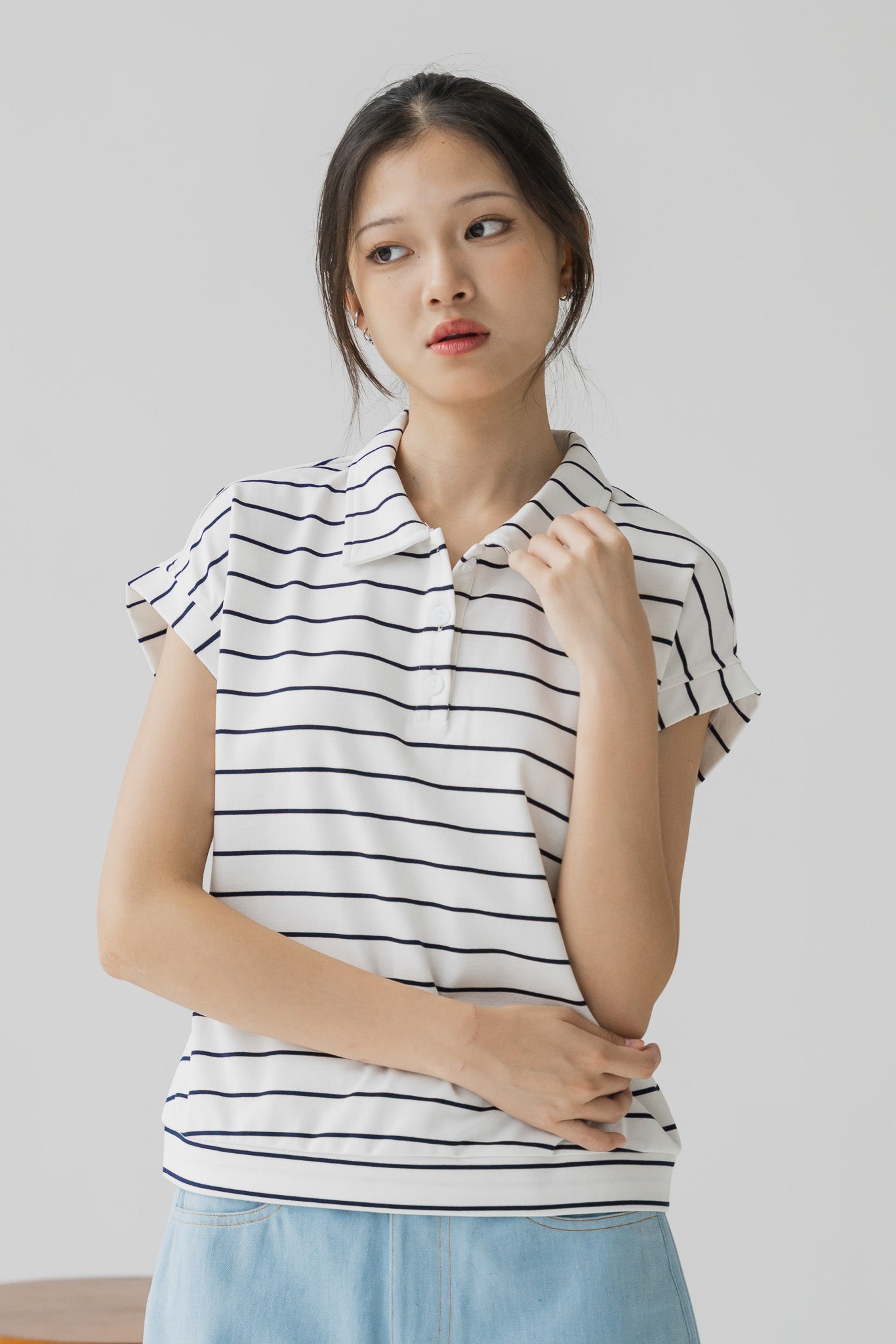 Harin Striped Polo Blouse in White