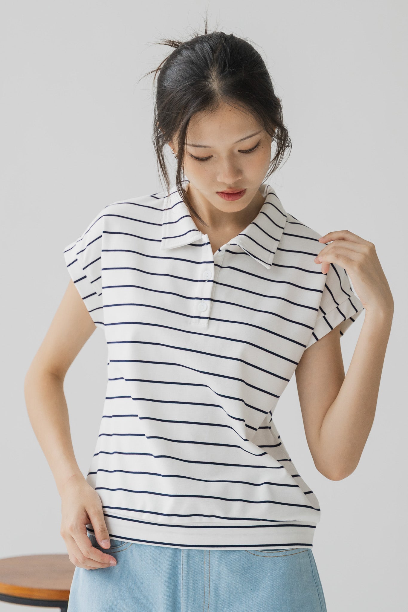 Harin Striped Polo Blouse in White