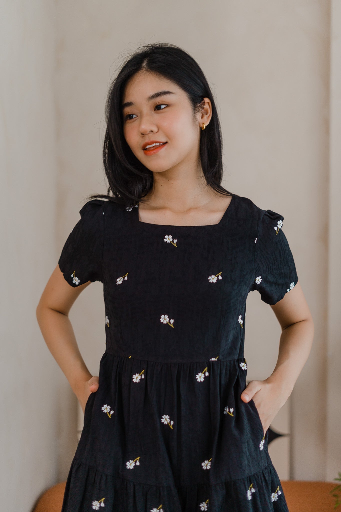 Ariana Embroidery Tiered Dress in Black