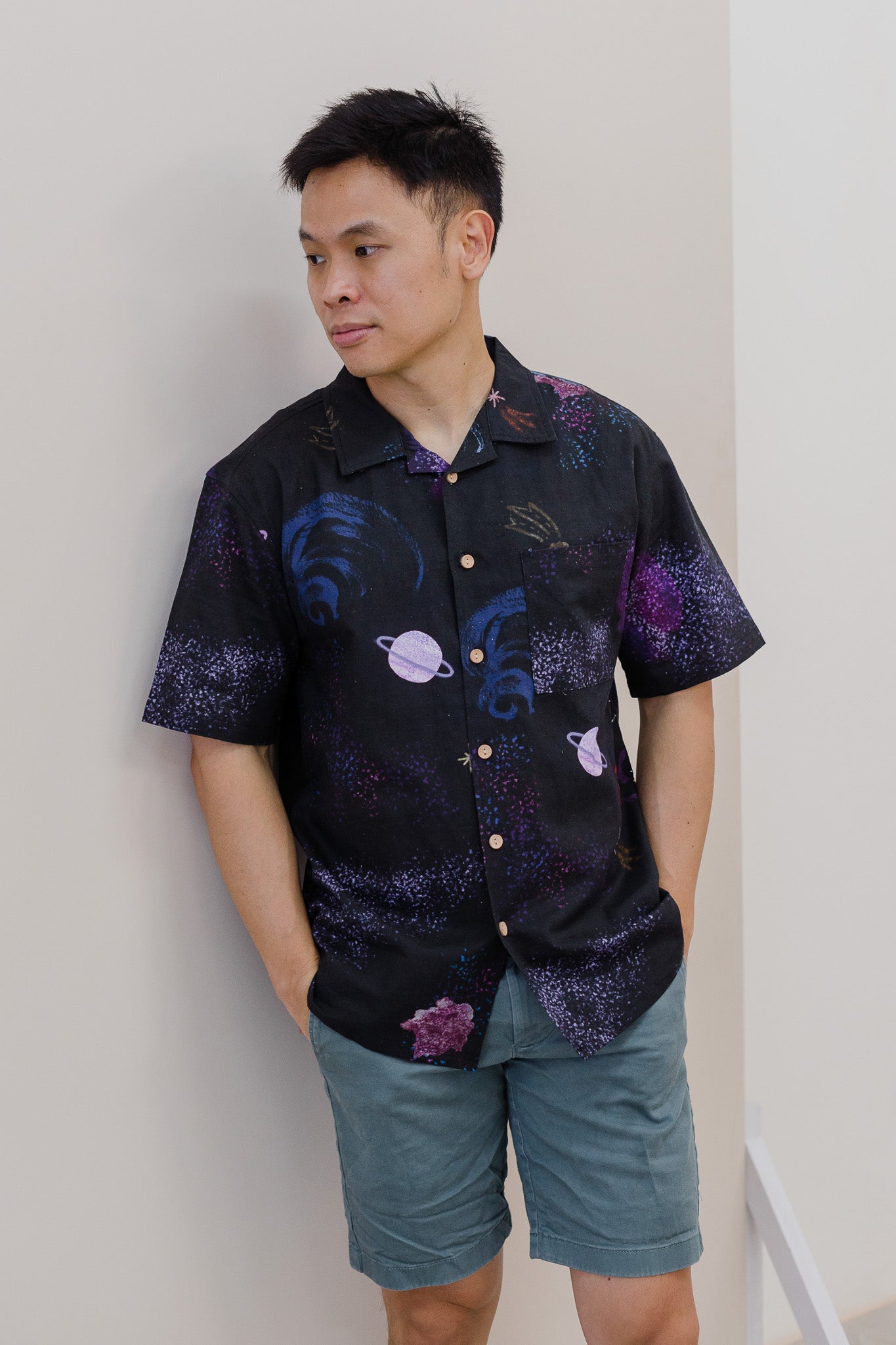 Constellations Men's Camp Collar Linen Shirt in Eclipse