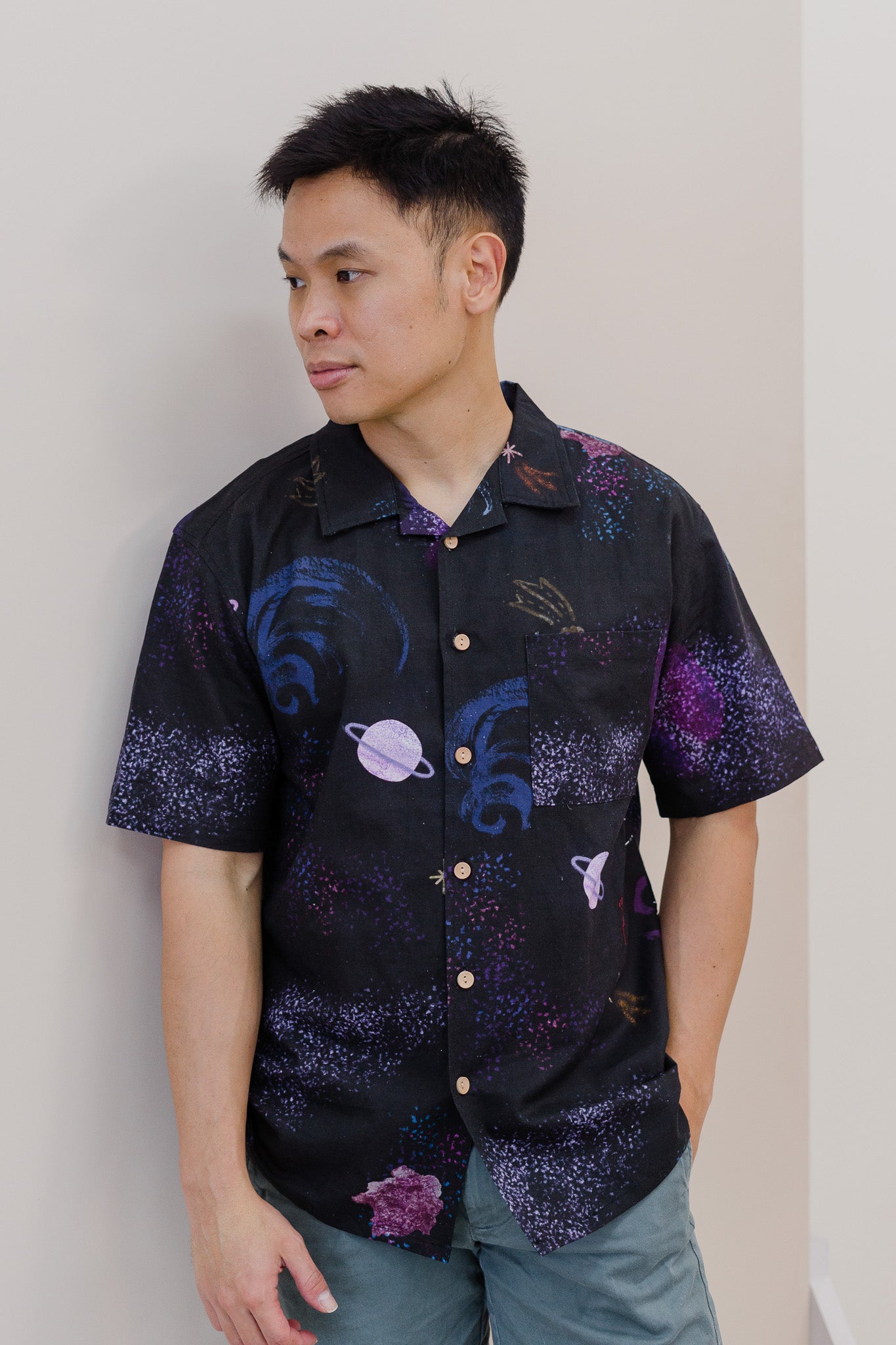 Constellations Men's Camp Collar Linen Shirt in Eclipse