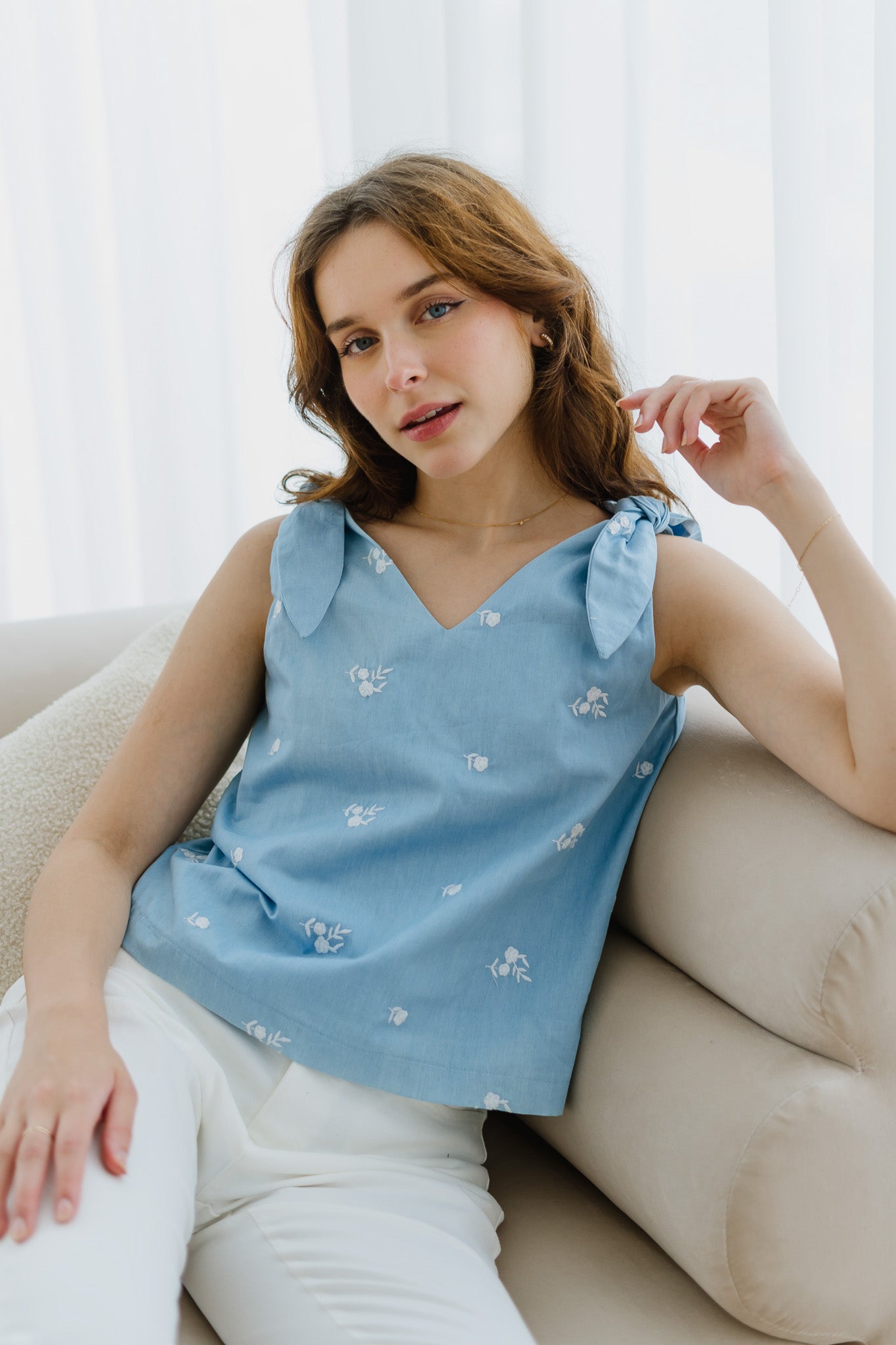 Kiara Embroidery Two-way Blouse in Light Blue