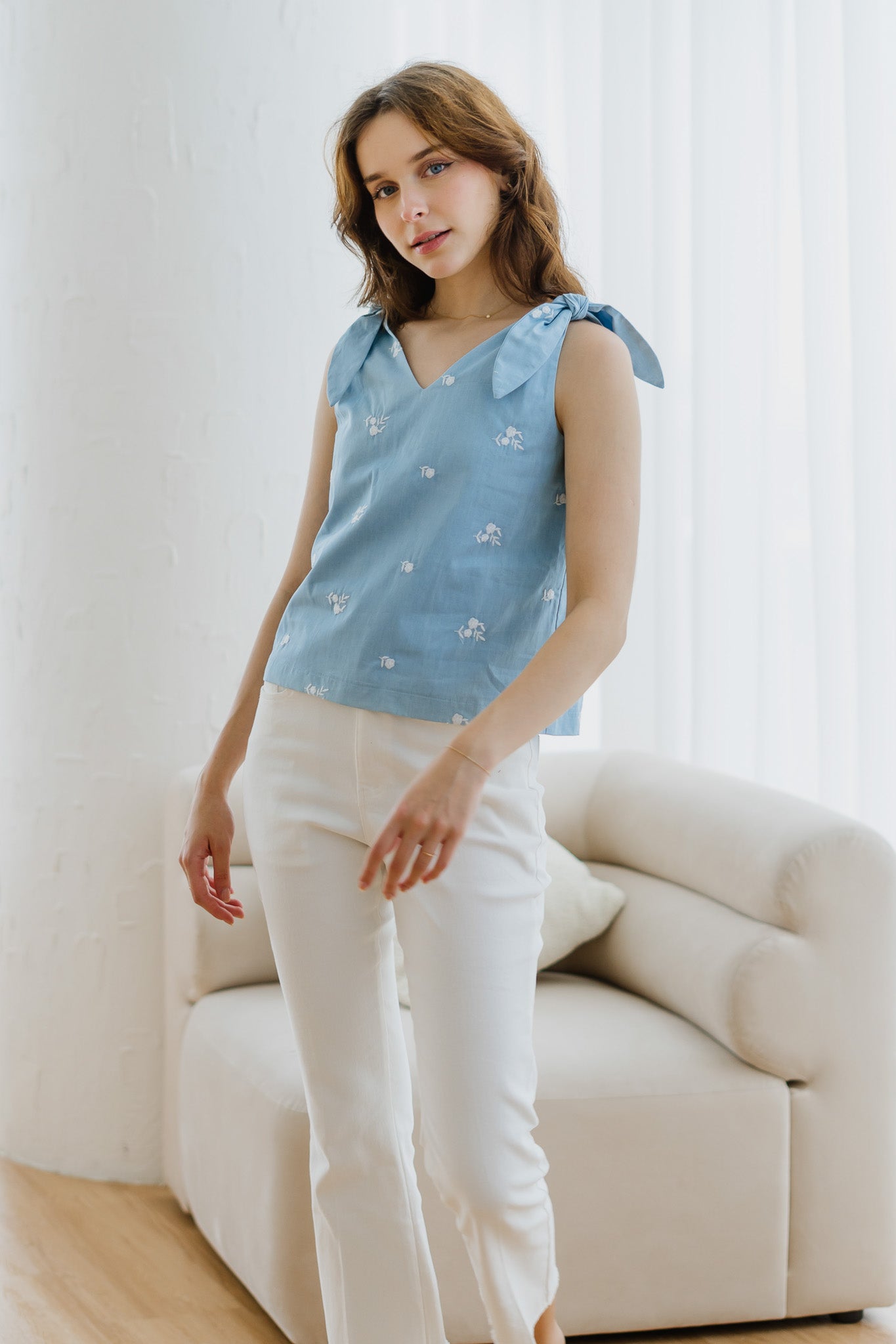 Kiara Embroidery Two-way Blouse in Light Blue