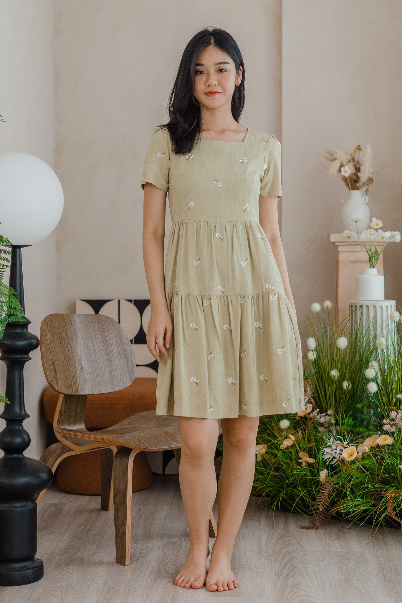 Ariana Embroidery Tiered Dress in Light Green