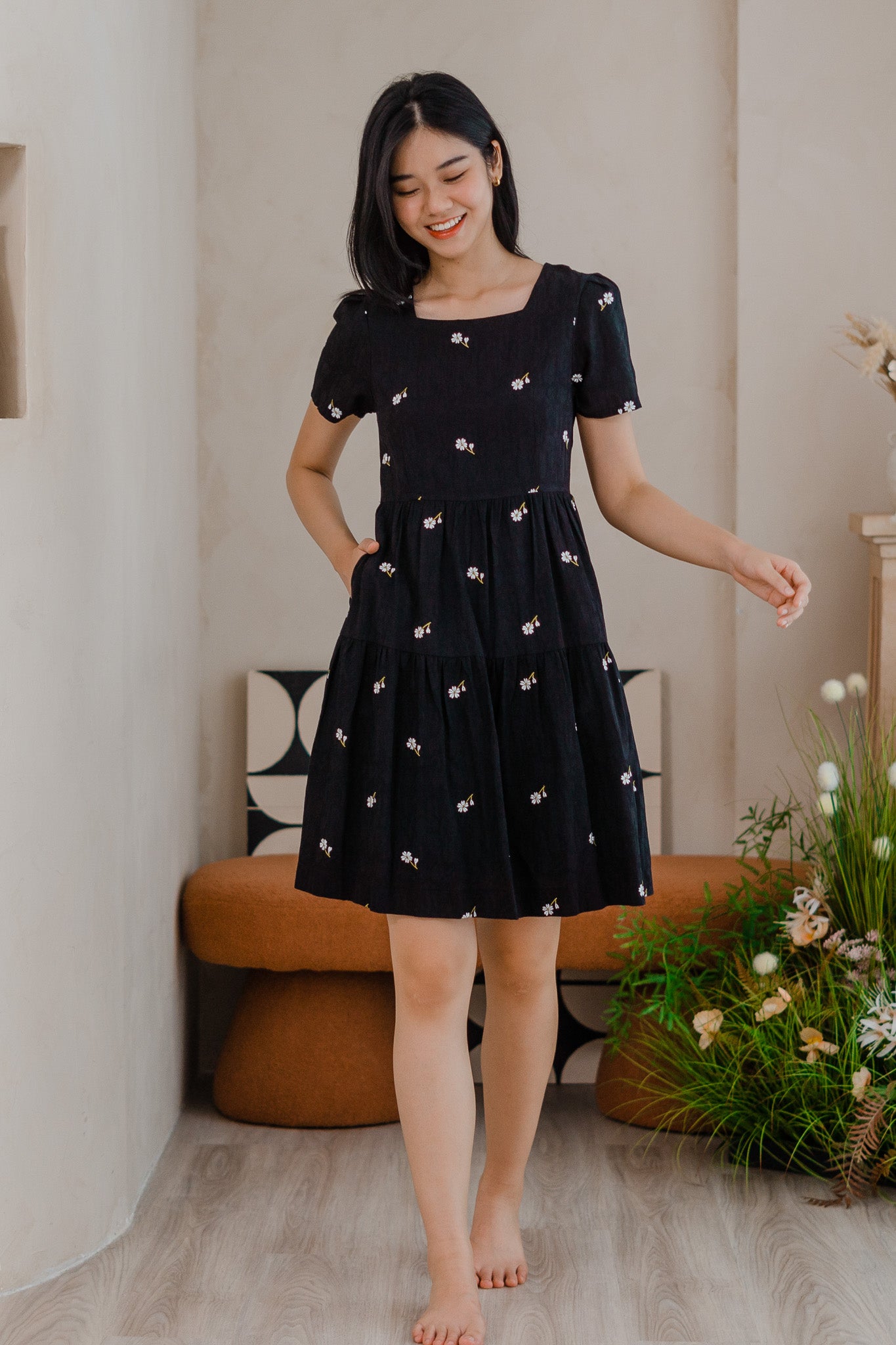 Ariana Embroidery Tiered Dress in Black