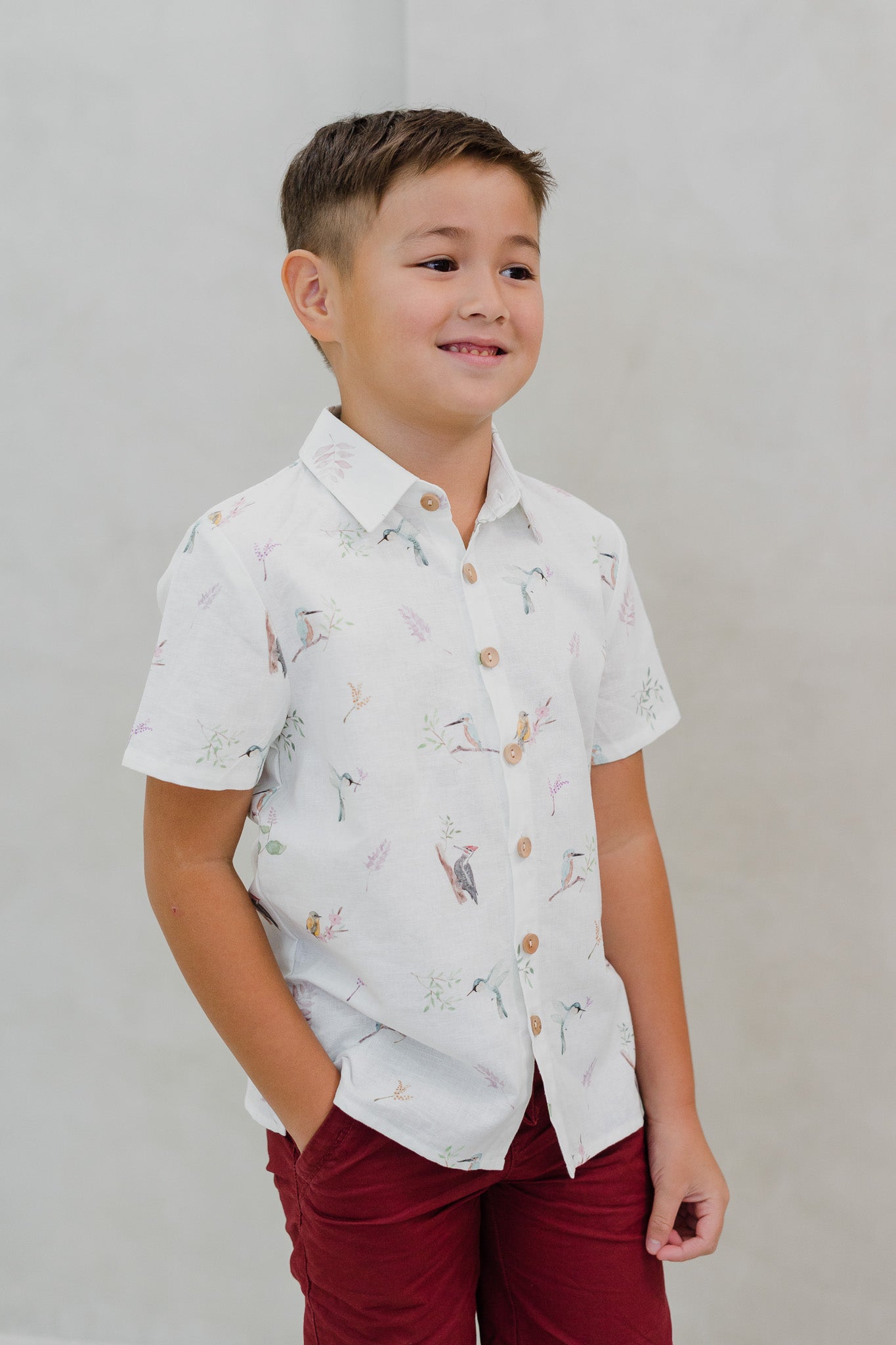 Birds Of Paradise Kid's Linen Shirt in Dove