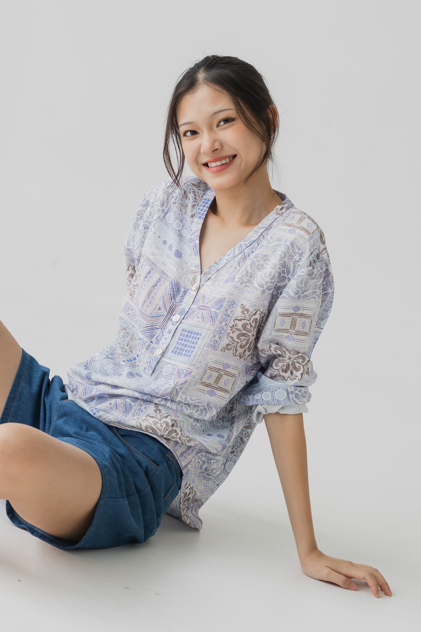 Ayra Printed Long Sleeve Loosefit Shirt in Blue