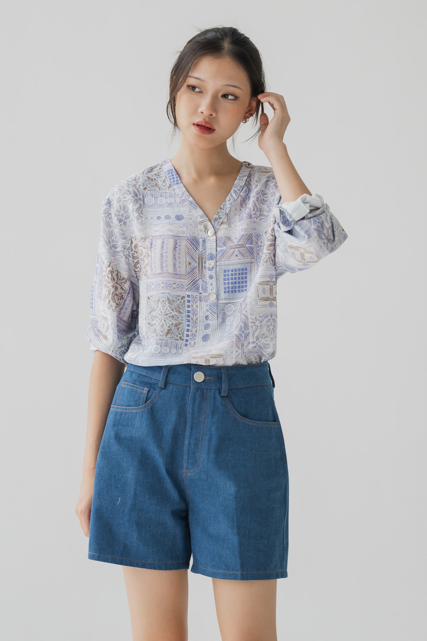 Ayra Printed Long Sleeve Loosefit Shirt in Blue