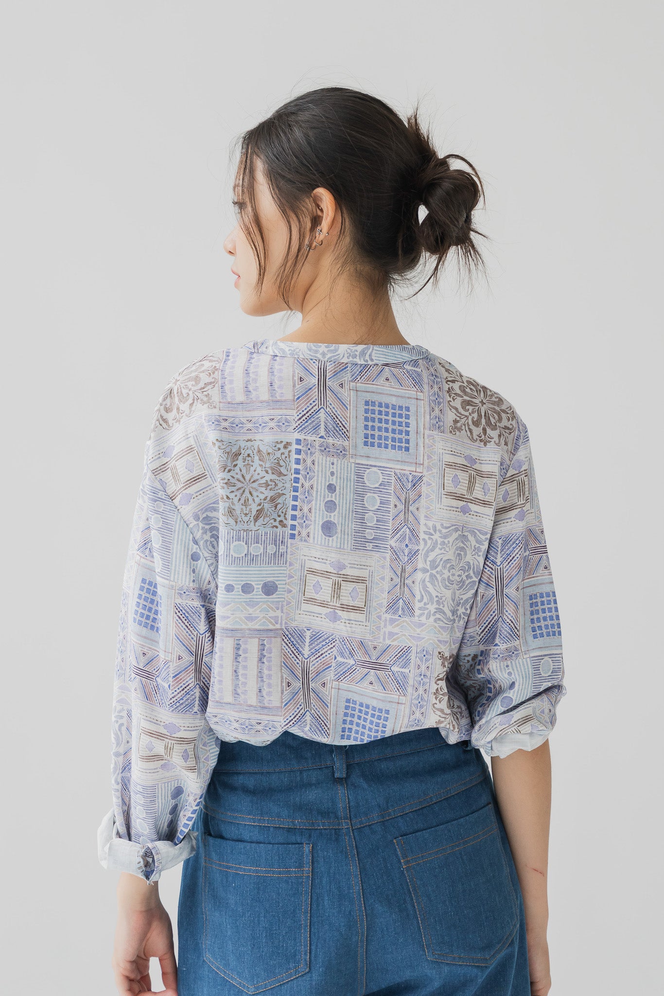 Ayra Printed Long Sleeve Loosefit Shirt in Blue