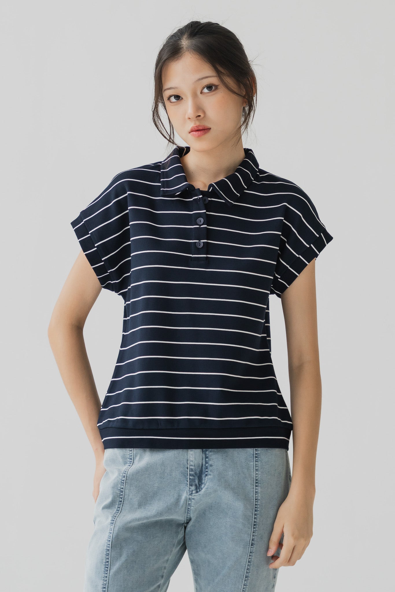 Harin Striped Polo Blouse in Navy