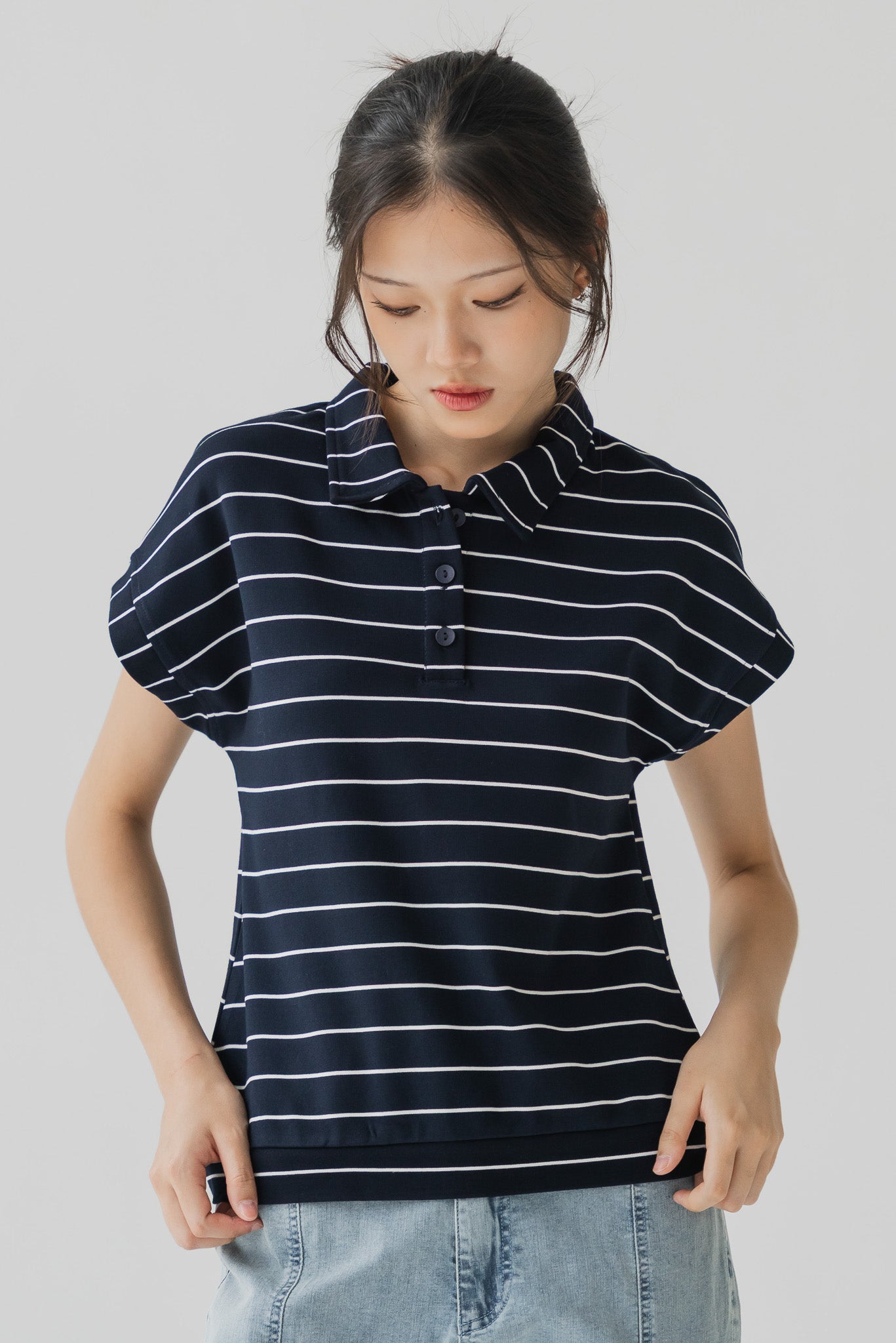 Harin Striped Polo Blouse in Navy