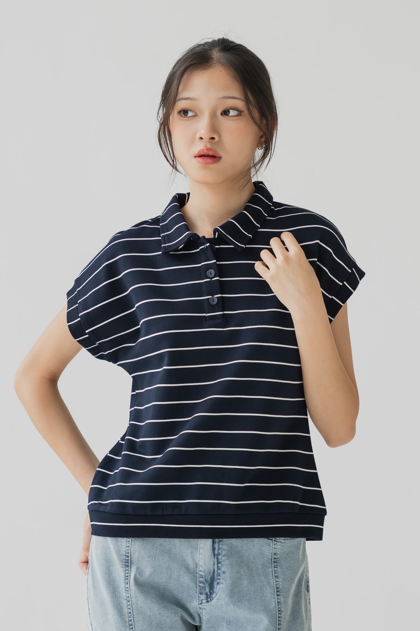 Harin Striped Polo Blouse in Navy