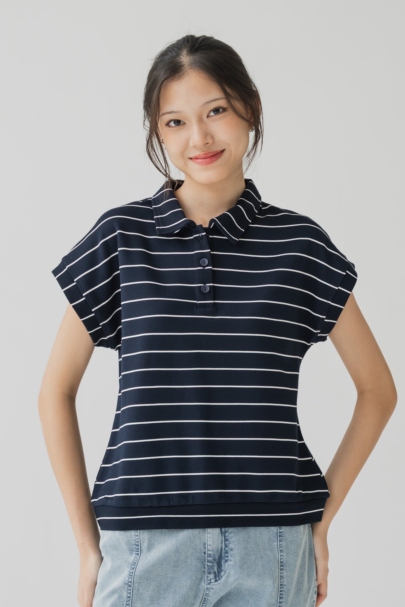 Harin Striped Polo Blouse in Navy