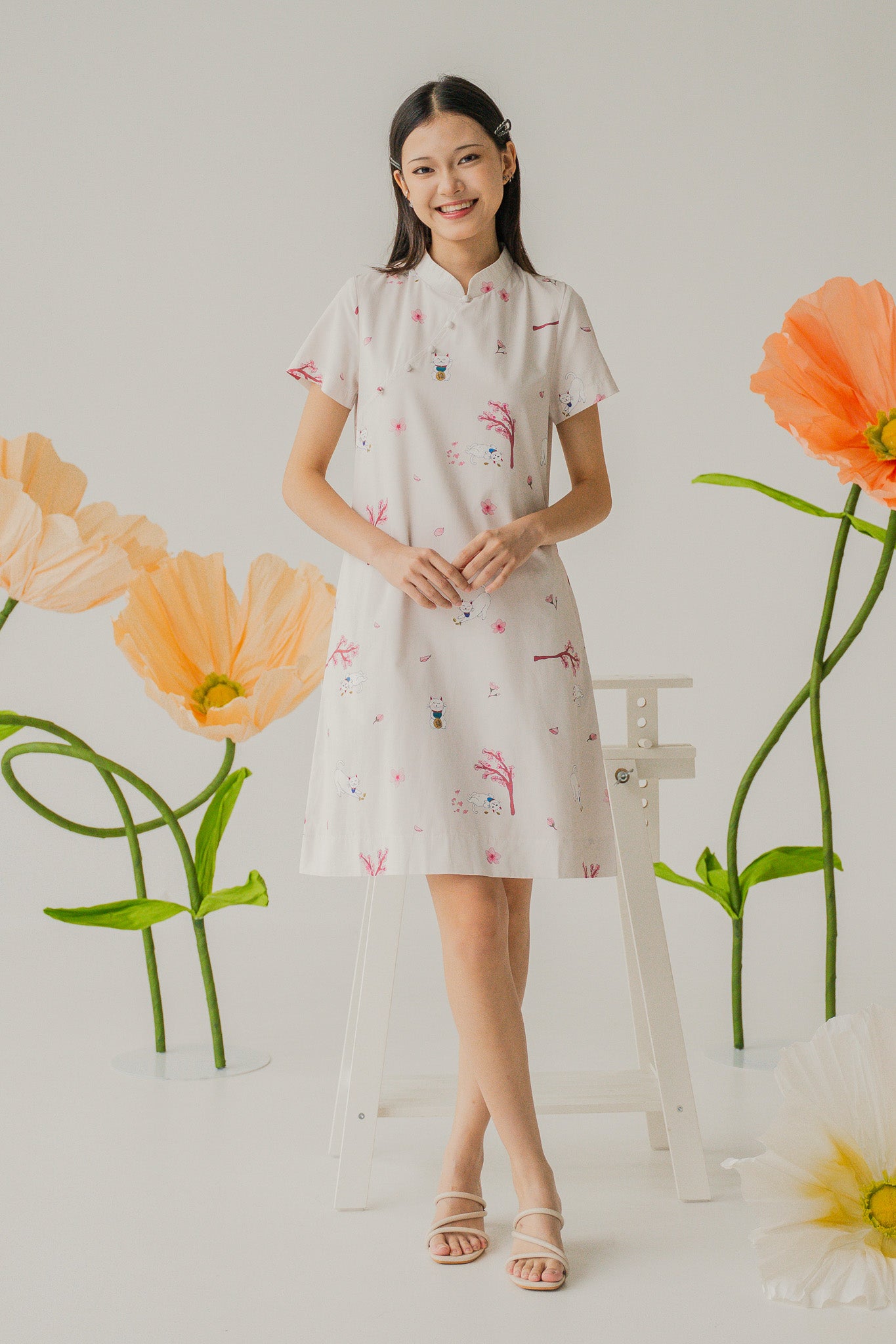 Fortune In Bloom Mandarin Collar Dress in Kinako