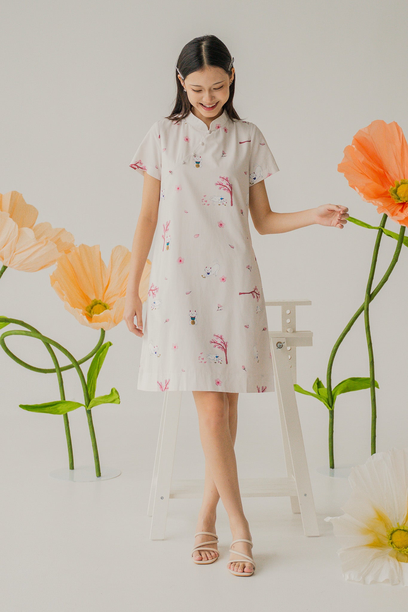 Fortune In Bloom Mandarin Collar Dress in Kinako