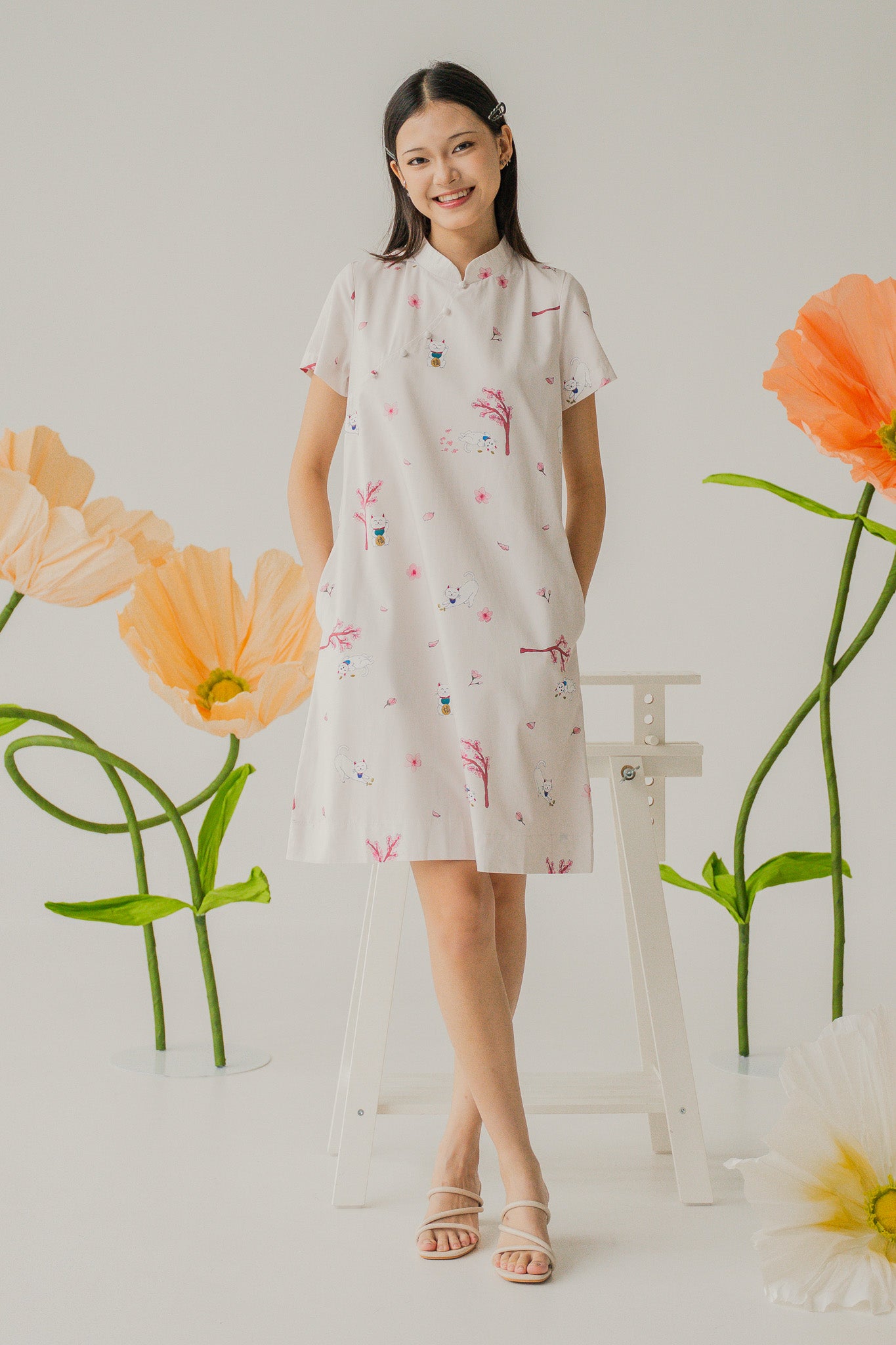 Fortune In Bloom Mandarin Collar Dress in Kinako