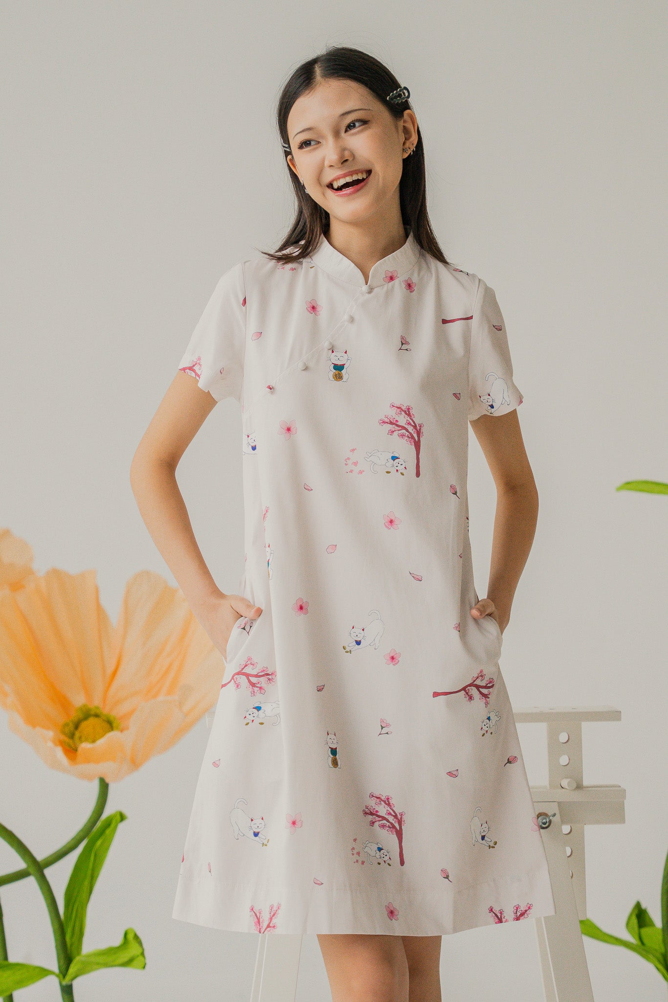 Fortune In Bloom Mandarin Collar Dress in Kinako