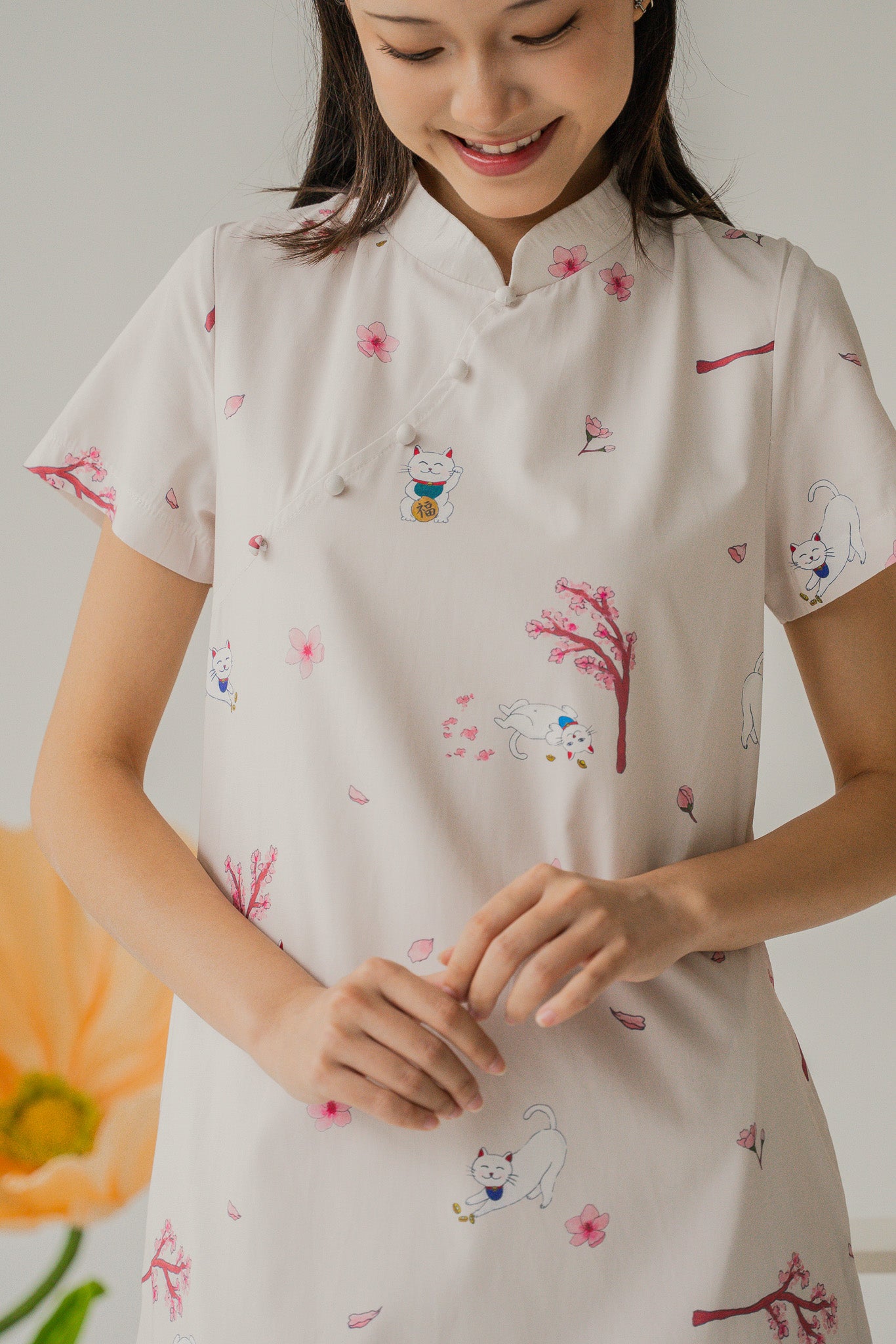 Fortune In Bloom Mandarin Collar Dress in Kinako