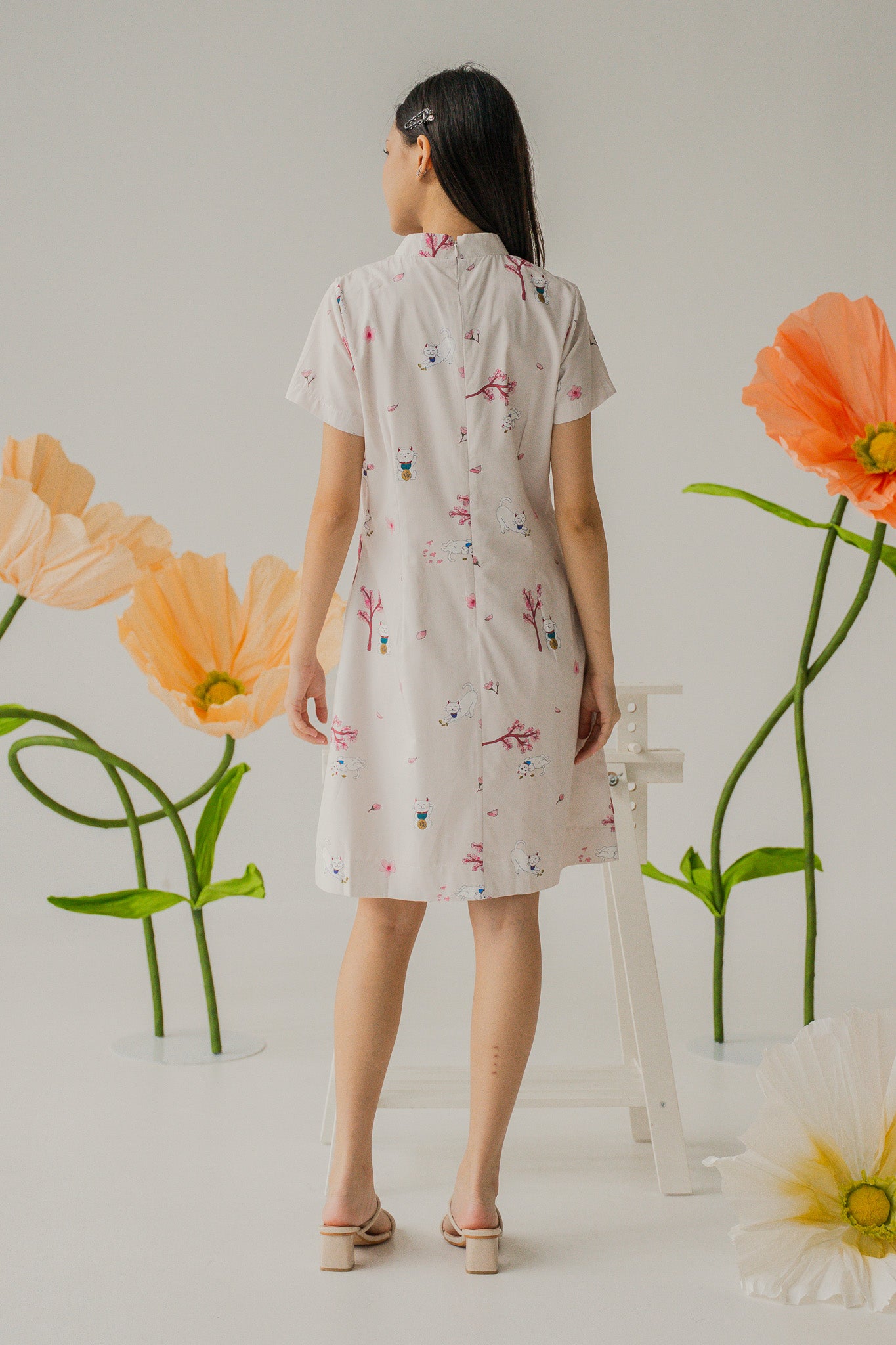Fortune In Bloom Mandarin Collar Dress in Kinako
