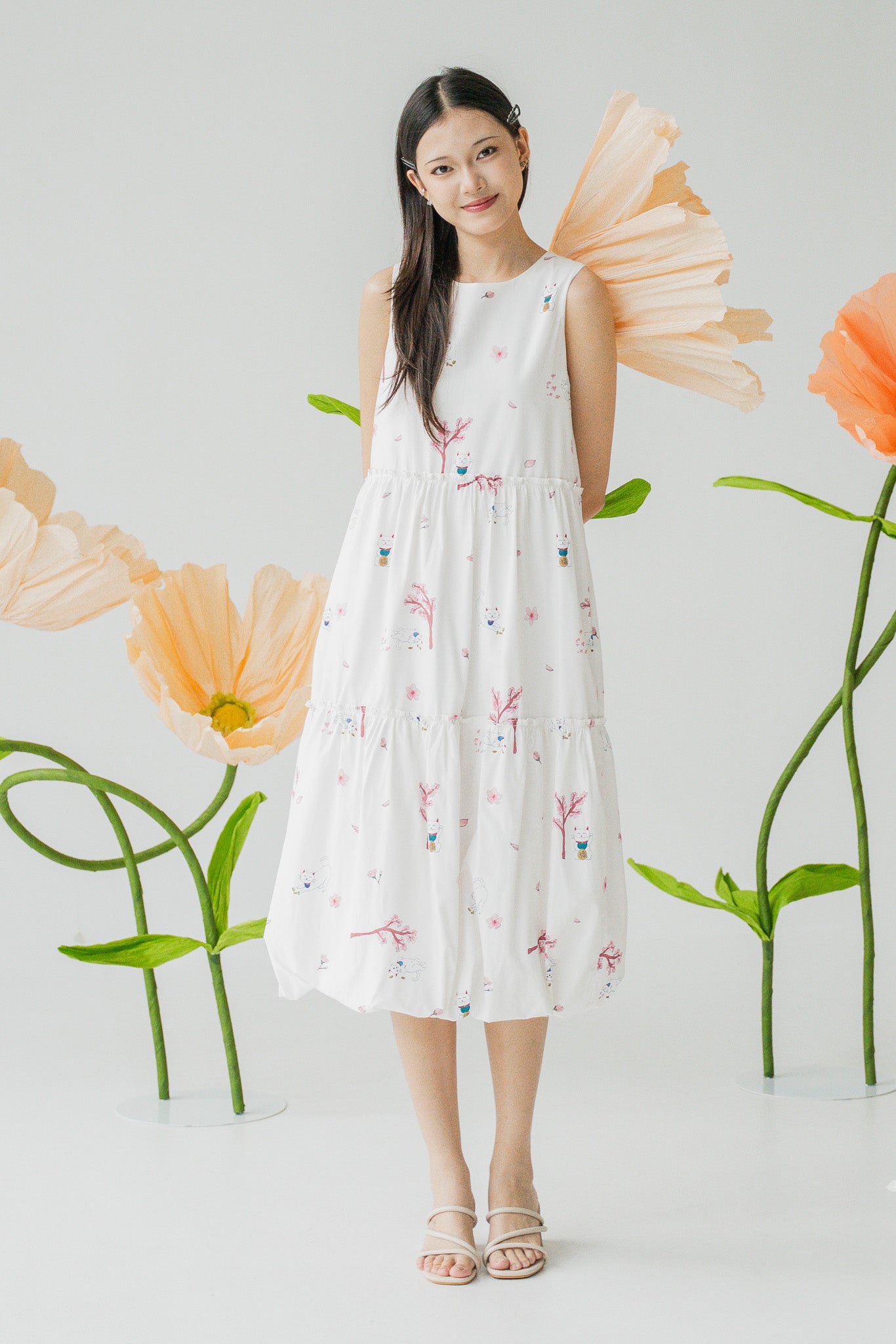 Fortune In Bloom Sleeveless Tiered Dress in Shiro