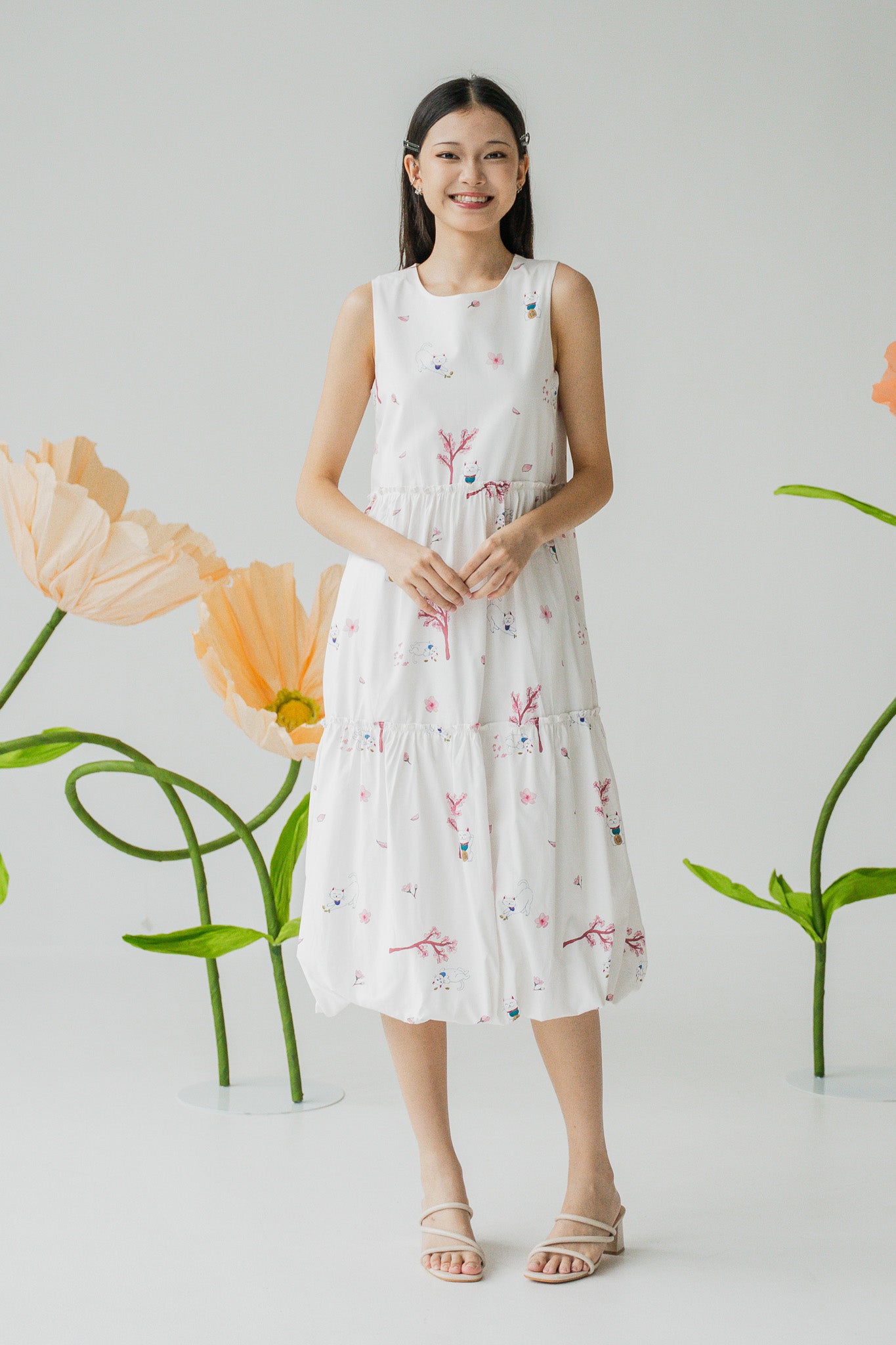 Fortune In Bloom Sleeveless Tiered Dress in Shiro