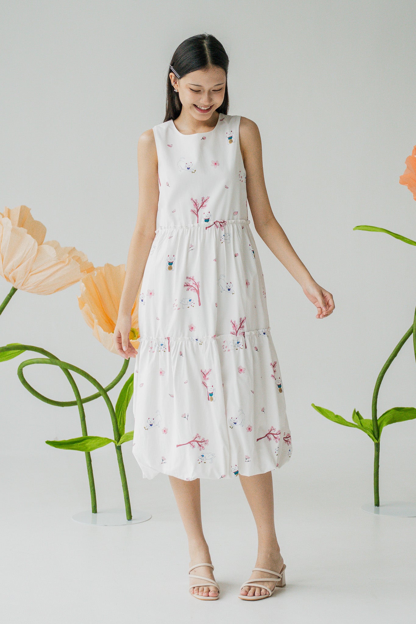 Fortune In Bloom Sleeveless Tiered Dress in Shiro