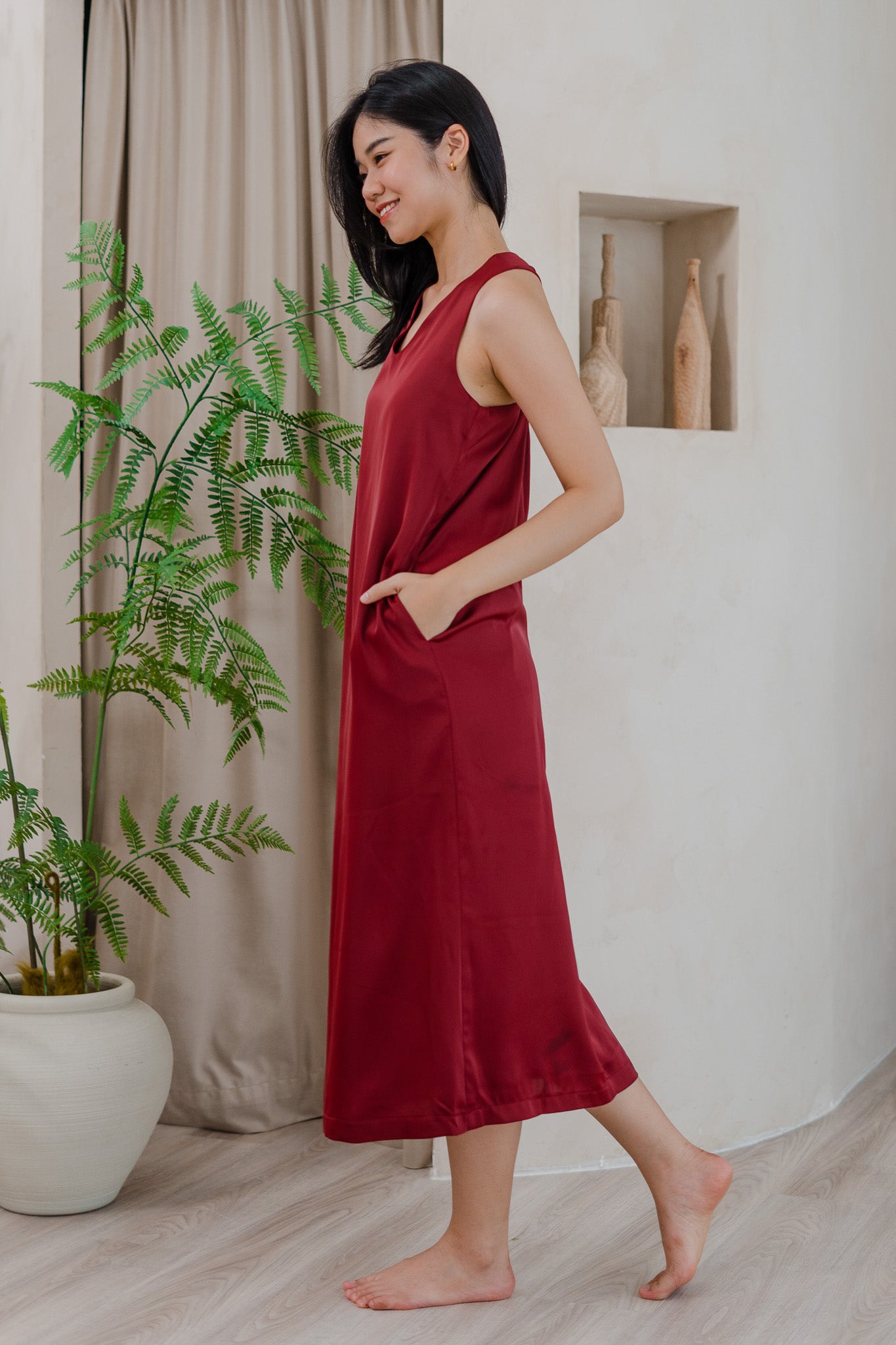 Mon Amour Knot Satin Midaxi Dress in Wine