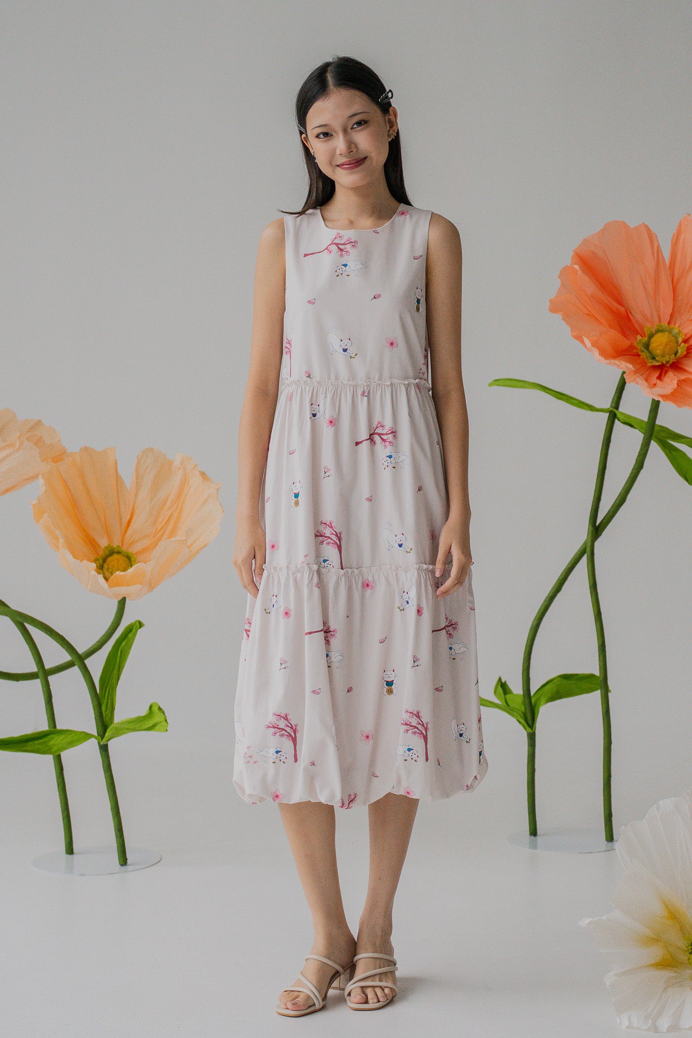 Fortune In Bloom Sleeveless Tiered Dress in Kinako