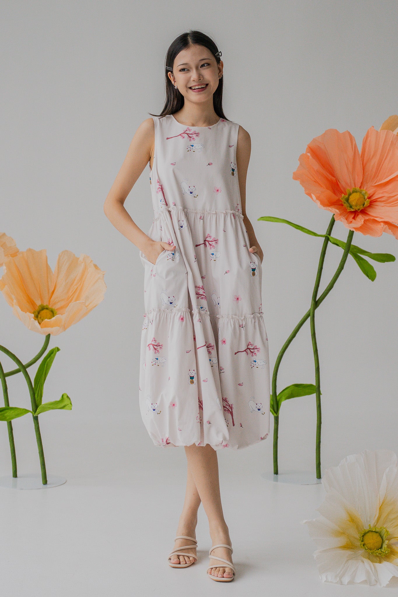 Fortune In Bloom Sleeveless Tiered Dress in Kinako