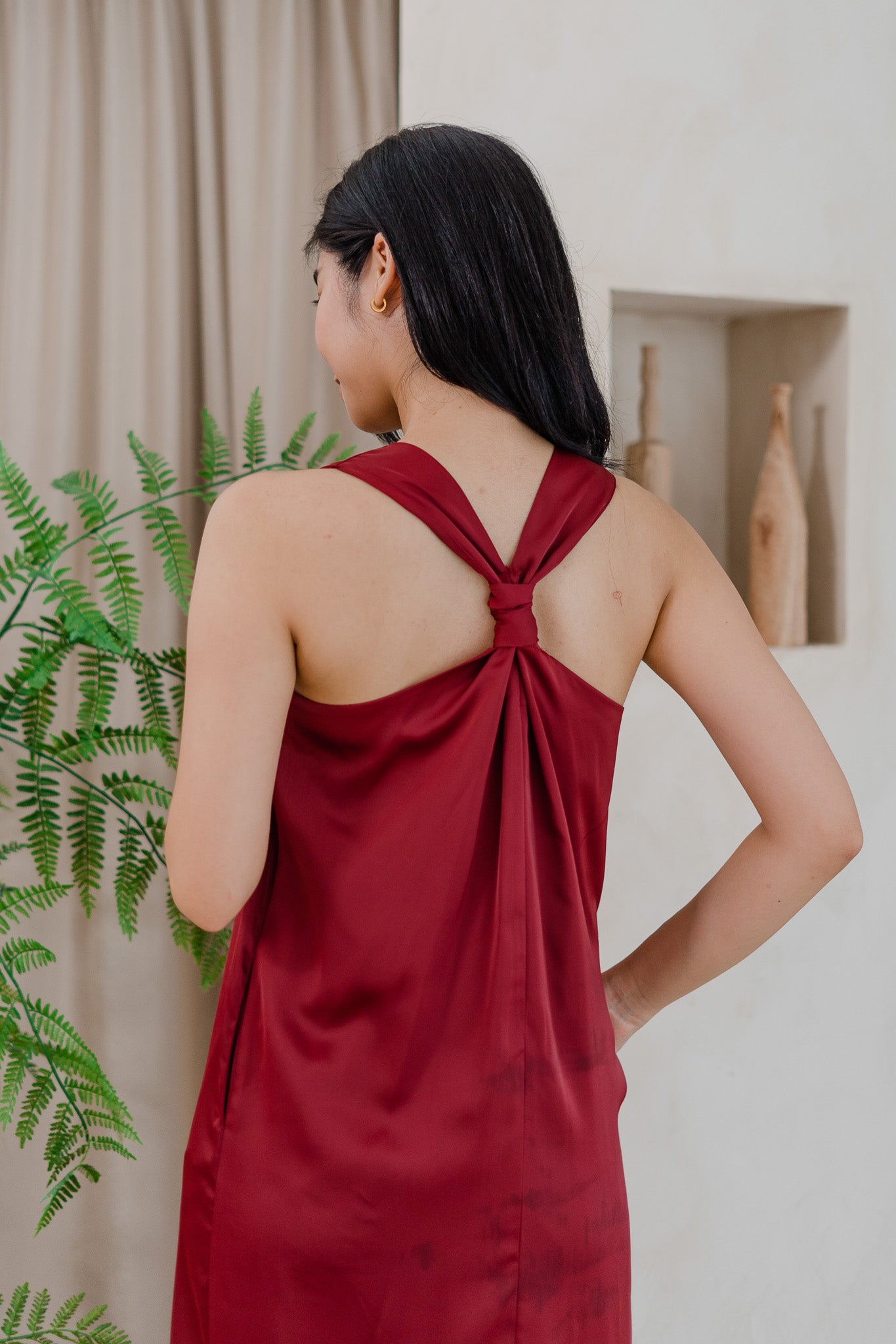 Mon Amour Knot Satin Midaxi Dress in Wine