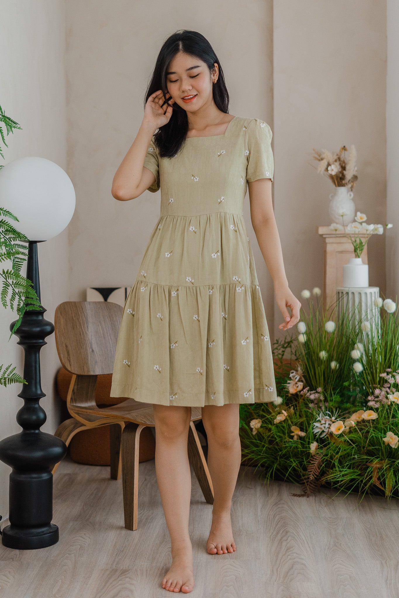 Ariana Embroidery Tiered Dress in Light Green